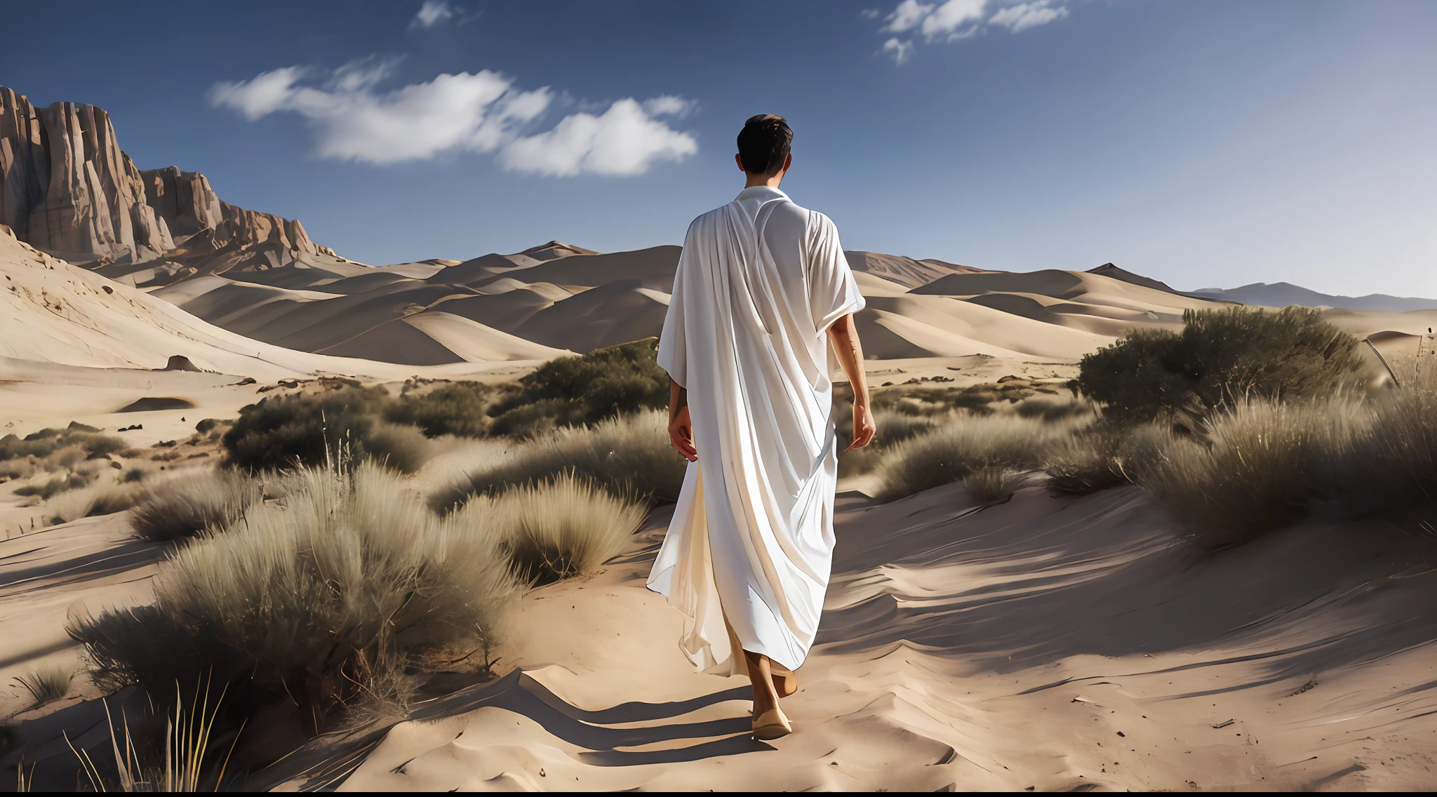 Ancient Israel, male back view, white clothes, sandals, 1st century, walking in the wilderness, 8k, RAW photography, top quality, masterpiece: 1.5, ulra high resolution, photorealistic: 1.5, cinematic light, soft volumetric lighting: 1.5, realistic, photorealistic: 1, detailed skin, professional lighting, photography, sharp focus, detail, professional lighting, Photon mapping, detailed and complex environment, highly detailed, top quality, artistic photography, photorealistic concept art, soft natural volumemetric cinematic perfect light, mid-journey, detailed hands,