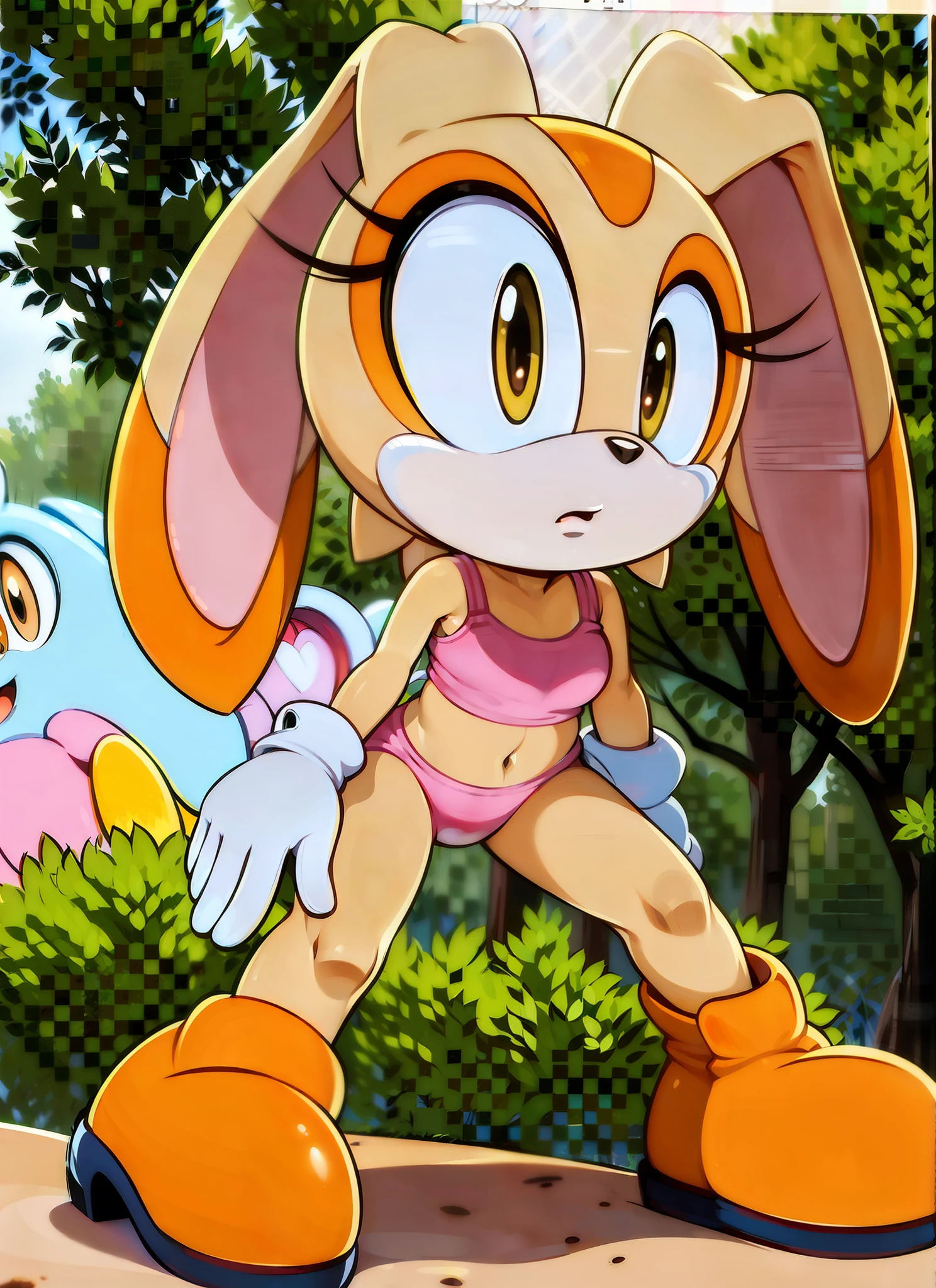 "(((masterpiece))),4k resolution,extremely delicate and beautiful,dynamic angle and pose,(1girl), animal nose, Cream the rabbit,withe sport bra, white panties, sfw, (( thin )), 6 years old girl, (( thin legs )), alone, looking at viewer, in a forest, white gloves