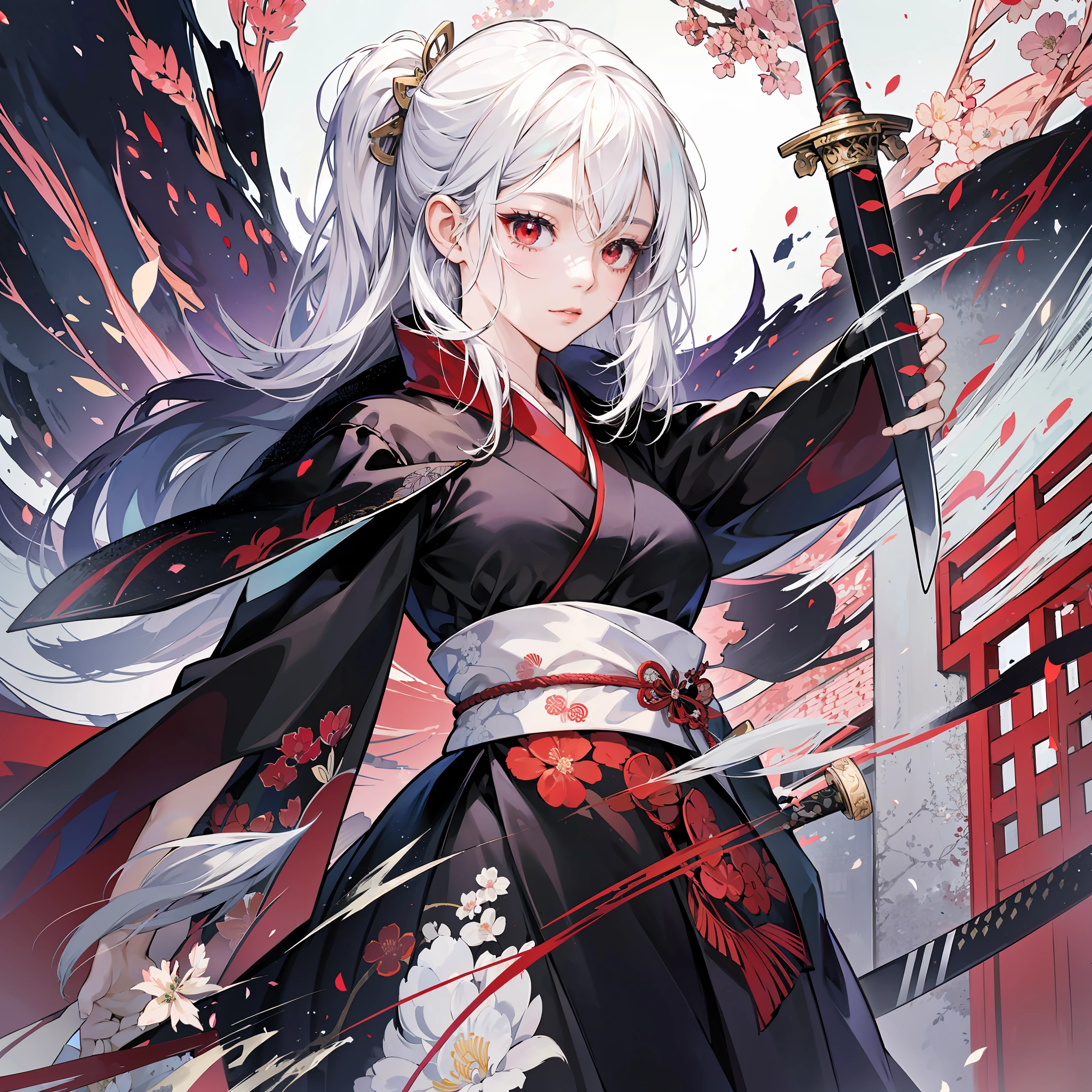 Japanese girl, manga style, white hair, shawl hair, red eyes, black dress, she holds a Japanese sword drawn, --auto --s2