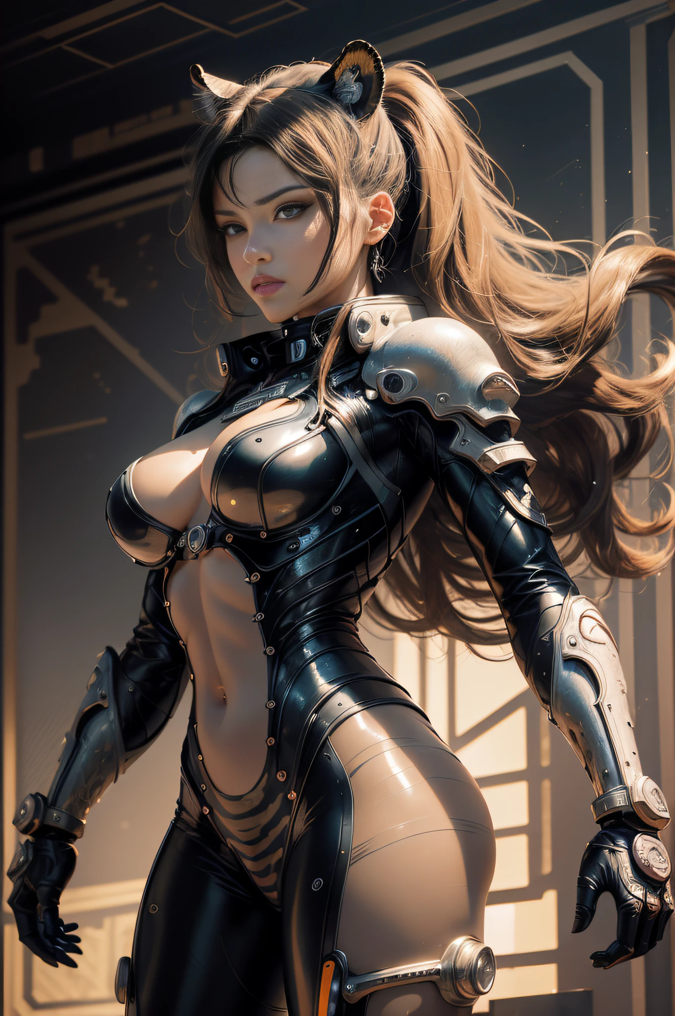 [Detailed illustrations, art based on extremely ideal anatomy, very detailed and detailed drawings, slow and delicate lines, realistic texture expression],((Color tressed main lines)),(Artwork with outstanding virtuosity),(Briefing room background),[(HENTAI) ANIME Girl Japanese Beauty Cyborg 17 years old (Wild hair)] Muscular (( KARATE)) (Mechanical arms (with built-in engine: 0.4)),[Black leather jacket] ((Tiger: 0.6) (Translucent rubber inner)) (((Tiger stripes),(Chrome coating:0.5))),(Science Fiction Mechanical Bioengineering),((Fine and beautiful skin expression (transparency)))),((Clear gaze)),(Perfect eye details ( Beautifully drawn eyes))),(Beautiful perfect face (realistic face details)),((Beautiful hair details)),(Perfectly proportioned proportions)),(Design built to a high level,((Advanced structural understanding of materials)),Ideal color coordination),((Artistic decoration)) ((Dense details)),((Detail,High definition)),[( Ultra-precise detail),((Multi-layered texture)),HighQuality,High Resolution],((Accurate simulation of light-material interactions, understanding of air flow, mechanically correct representation)),(((Visual art with a sense of narrative)).