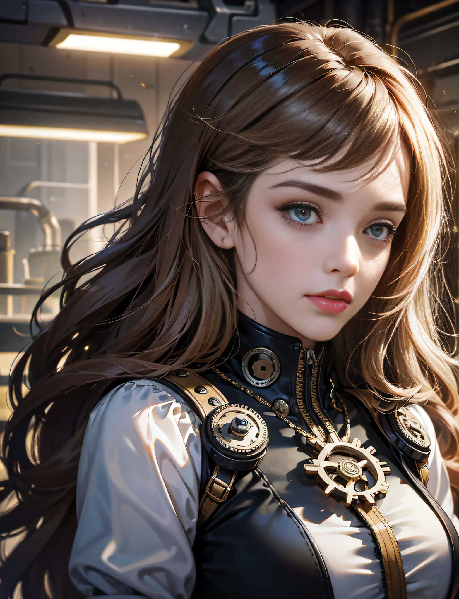 Jessica Alba, (absurdres, highres, ultra detailed), 1woman, mature female, aged, long wavy hair, split-colored hair, heterochromia, bangs, long sleeves, finely detailed eyes and detailed face, extremely detailed CG unit 8k wallpaper, intricate details, (style-rustmagic: 0.8), (medieval cyborg: 0.8), portrait, (bloody wounds:0.7), looking at the viewer, solo, half shot, detailed background, (steampunk theme:1.1) determined expression,  technomancer dark couds, floating lights, colorful leather vest with gears, techwear, jetpack, workshop in the background, machines, gears, steam, industry, technology, oven, dirt, anvil, buttons, levers, automaton, electricity, electric sparks epic atmosphere,, portrait