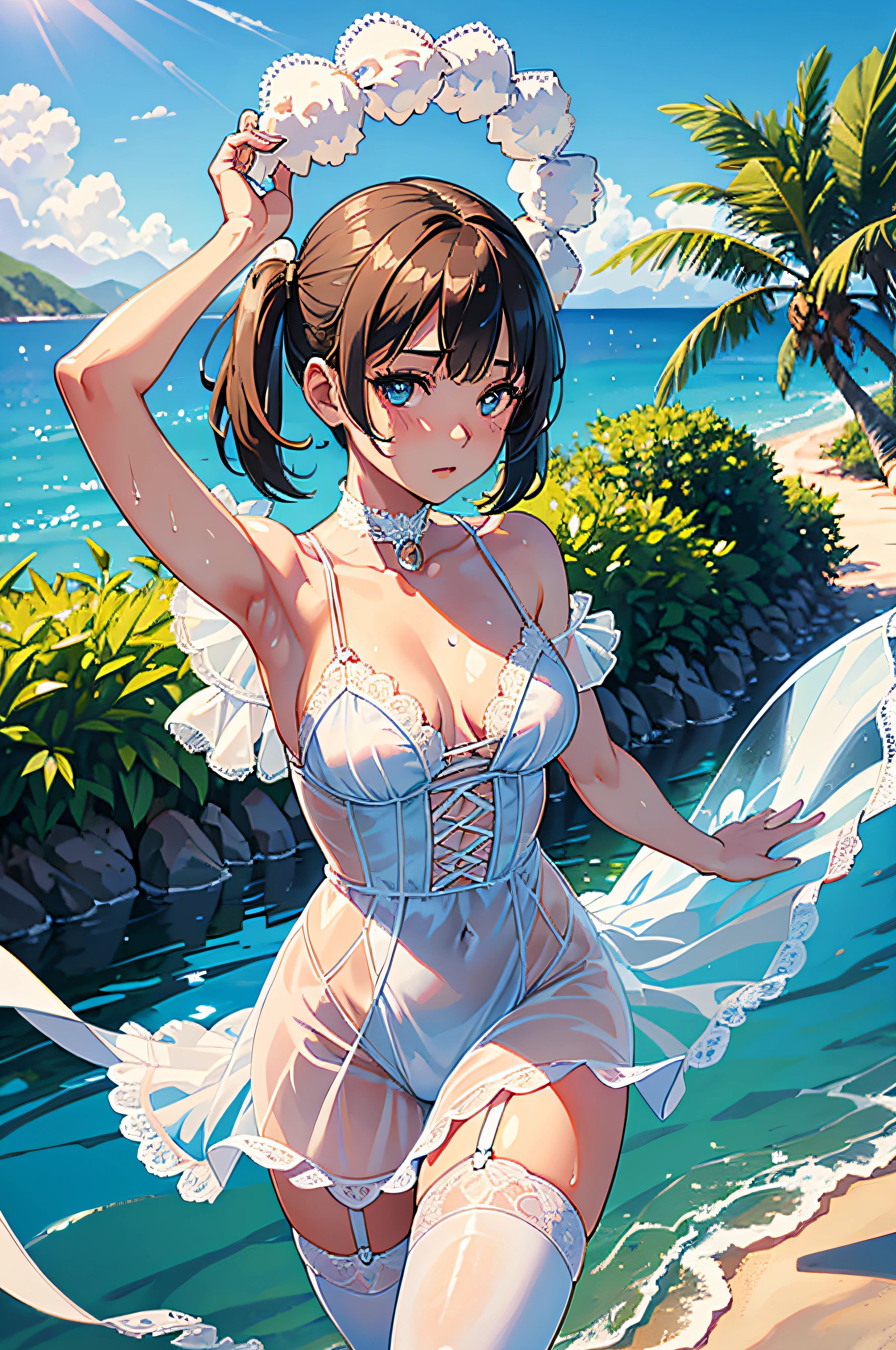 sun, sandy, vague, detailed background, sunshine, coconut tree, sunny, (see-through silhouette: 1.8), cowboy shot, perfect, (RAW photo, top quality, 1), ultra high resolution, (realistic,,、 photorealistic: 1.75), one young girl wearing small breasts ((translucent one of white lace -)), watch the viewer, bottomless, (wet body), Curved thighs, (((arms raised: 1.1)), (transparent nipple silhouette: 1.4)), (ultra-detailed eyes, clear silhouette, big eyes, (ultra-thin body: 1.2), skindentation, (twin) tail: 1.0), (long)), (lace choker), blushing face, seductive vision, blushing face, ((lace white knee-length stockings)), ultra detailed lace, detail ruffles, Perfect detail face,