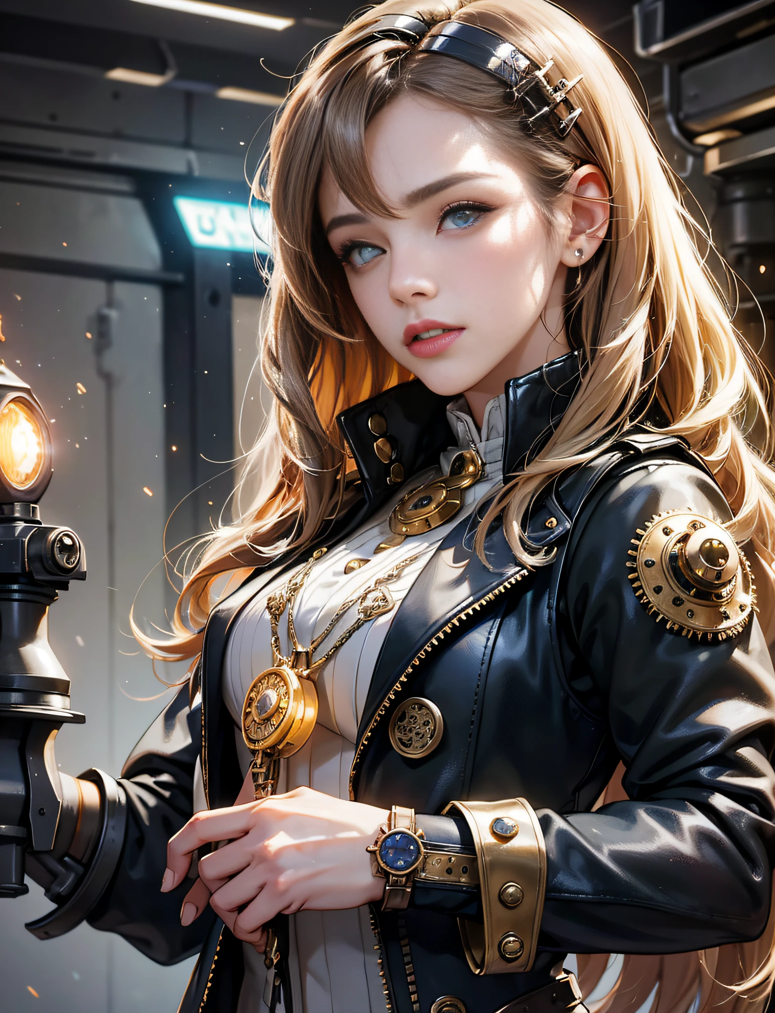 Jessica Alba, (absurdres, highres, ultra detailed), 1woman, mature female, aged, long wavy hair, split-colored hair, heterochromia, bangs, long sleeves, finely detailed eyes and detailed face, extremely detailed CG unit 8k wallpaper, intricate details, (style-rustmagic: 0.8), (medieval cyborg: 0.8), portrait, (bloody wounds:0.7), looking at the viewer, solo, half shot, detailed background, (steampunk theme:1.1) determined expression,  technomancer dark couds, floating lights, colorful leather vest with gears, techwear, jetpack, workshop in the background, machines, gears, steam, industry, technology, oven, dirt, anvil, buttons, levers, automaton, electricity, electric sparks epic atmosphere,, portrait