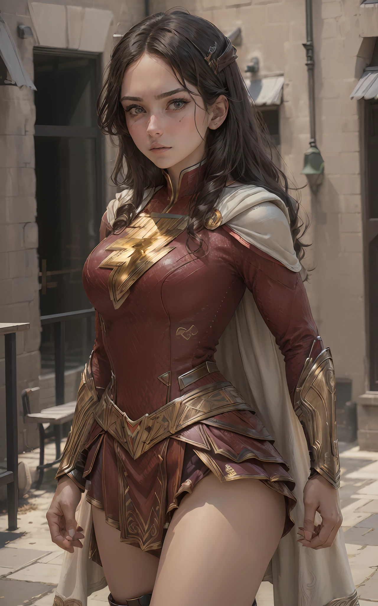 ((High resolution, best quality, absurdres, masterpiece, detailed face, 4k)) woman, 1girl, solo, 21 years old, expressive eyes, beautiful girl, mary marvel cosplay, terrace of a building,