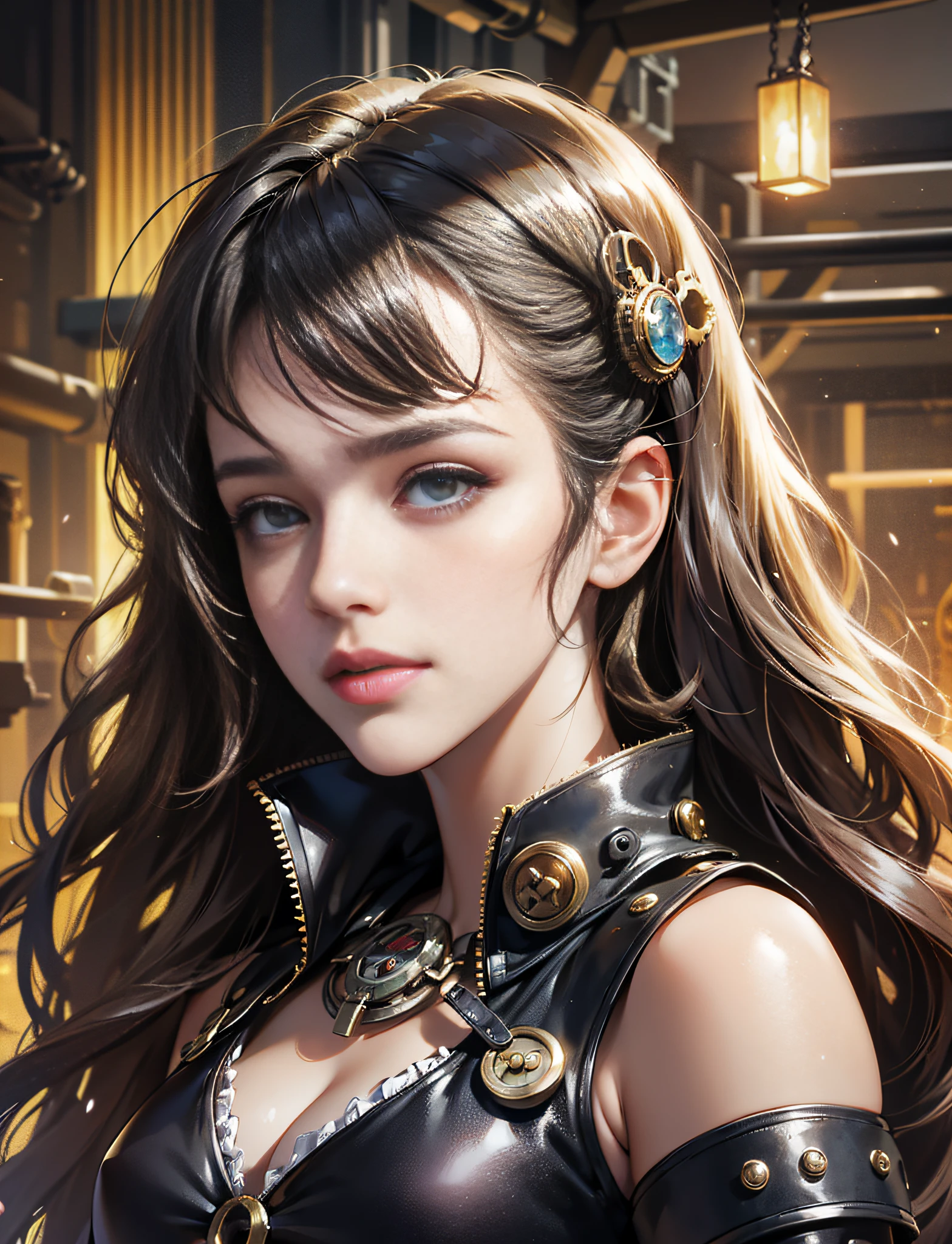 Jessica Alba, (absurdres, highres, ultra detailed), 1woman, mature female, aged, long wavy hair, split-colored hair, heterochromia, bangs, long sleeves, finely detailed eyes and detailed face, extremely detailed CG unit 8k wallpaper, intricate details, (style-rustmagic: 0.8), (medieval cyborg: 0.8), portrait, (bloody wounds:0.7), looking at the viewer, solo, half shot, detailed background, (steampunk theme:1.1) determined expression, technomancer dark couds, floating lights, colorful leather vest with gears, techwear, jetpack, workshop in the background, machines, gears, steam, industry, technology, oven, dirt, anvil, buttons, levers, automaton, electricity, electric sparks epic atmosphere,, portrait