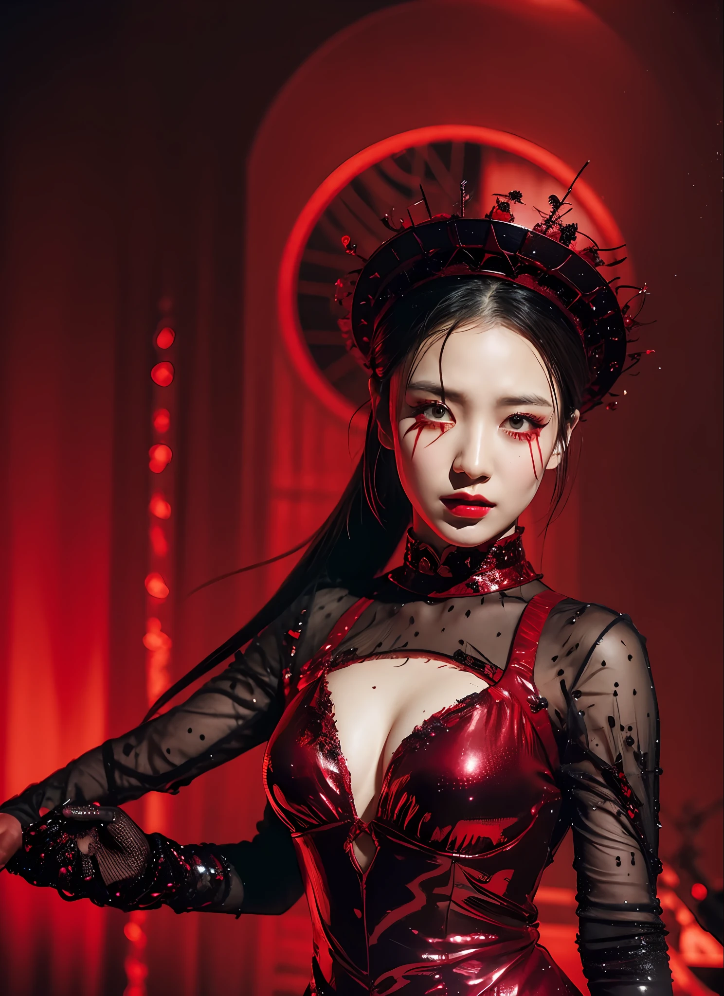 It produces works by women that combine a dark and mad world based on red with intense fantasy elements. She has a creepy and charming figure, dressed all over her body in a dark red fashion style. The background is a fantastic fantasy world, where magical lights dance, strange creatures and magical plants are present. Her figure is mysterious, with a brilliant blend of dark vibes and fantasy essence.
The effects of light and shadow are skillfully presented, and the details of the dark red costume and her face and expression are meticulously drawn. The fantasy element intensifies even more, and a red light envelops her. The overall atmosphere is mysterious and enchanting, yet it has its own artistic touch. The red and dark tones of this work stand out, which will evoke visual stimulation and aesthetic sensation, giving the viewer interest and mysterious charm.
He creates a work based on dark red that weaves fantasy elements into a dark and mad worldview. Her eerie and charming figure and fantastic red background will make a deep impression on the viewer as a unique work of art.