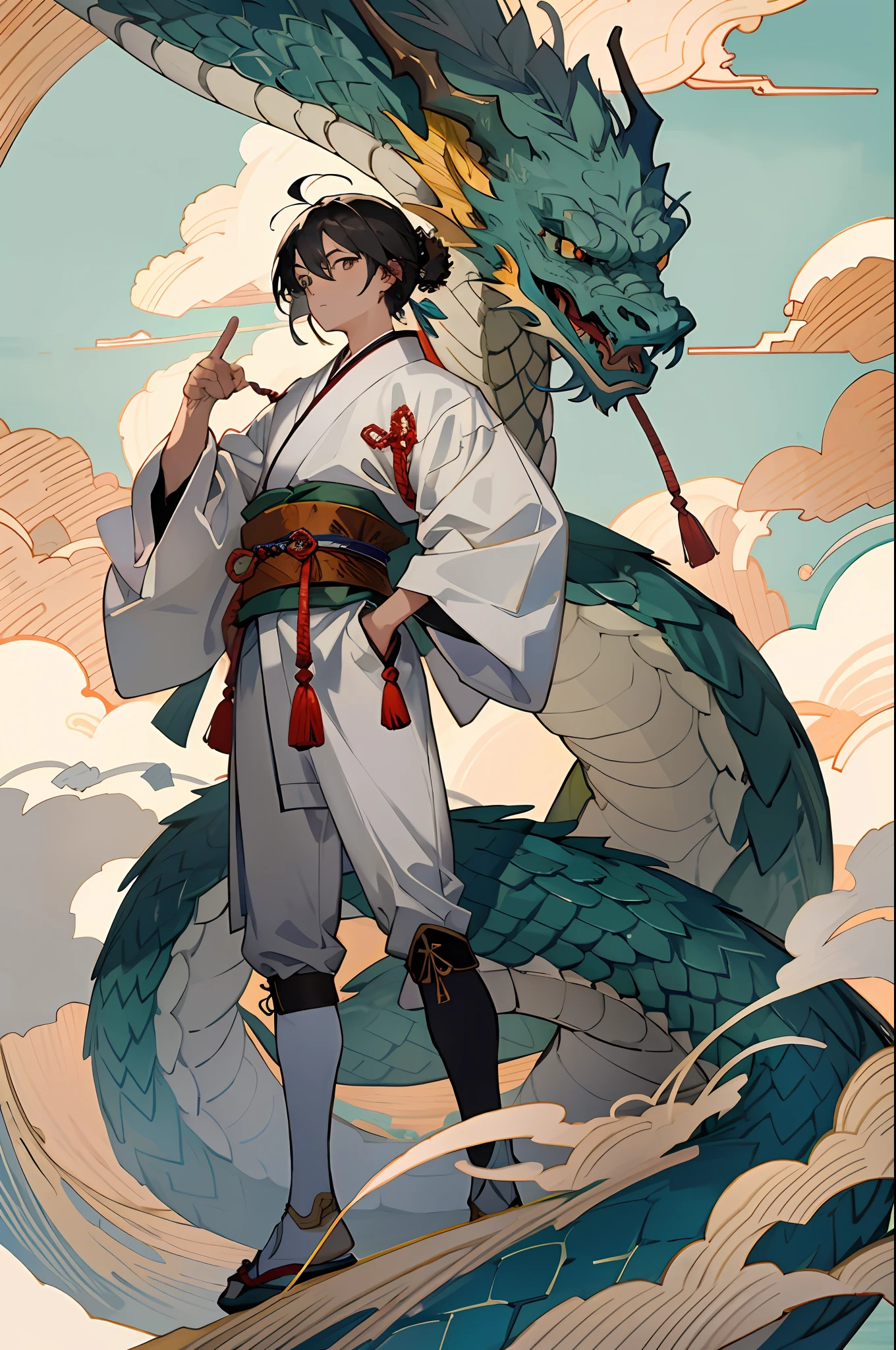 Create images in the style of traditional Japanese painting. The scene depicts a dramatic dragon flying in the sky. The dragon's scales are black-gold, brilliantly colored and shining in the sun. The clouds are layered, and the clouds and wind surround the dragon. The dragon's expression is fierce and calm, conveying strength and wisdom. The image should have high resolution and high quality, the dragon is clearly focused, and the clouds and background are blurred dreamy. The angle of the camera should be slightly lower than the faucet, the ultra-wide range of the picture gives a feeling of its grandeur and size, and the light should be soft and diffuse, creating a mysterious and dreamy atmosphere.