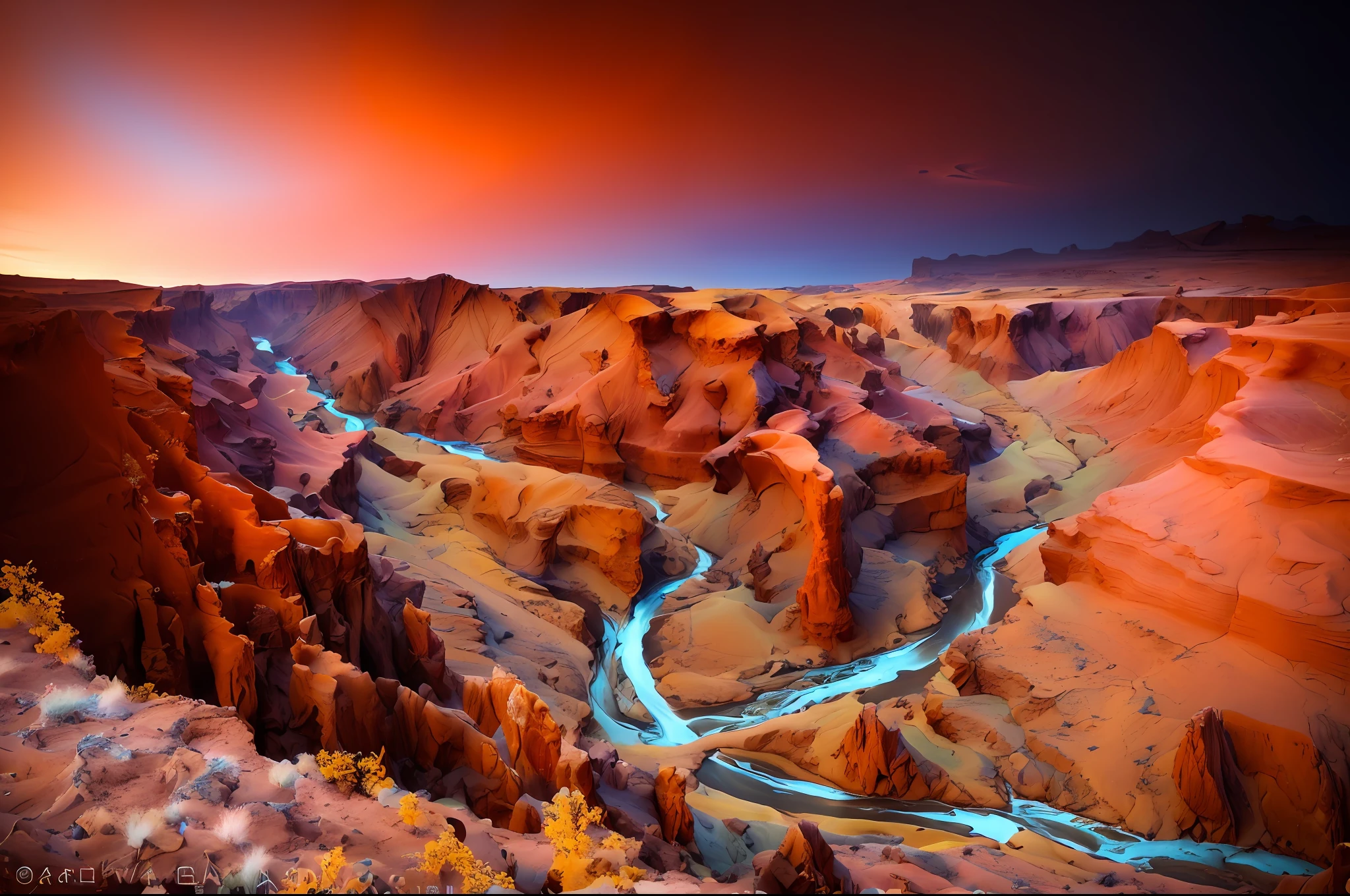 arafed view of a river running through a canyon in the desert, dramatic earth colors, the planet is warm with canyons, outworldly colours, one million lave rivers, cinematic silk road lanscape, iceland photography, iceland landscape photography, max rive, lpoty, canyon topography, iceland, earth and pastel colors, colorful ravine