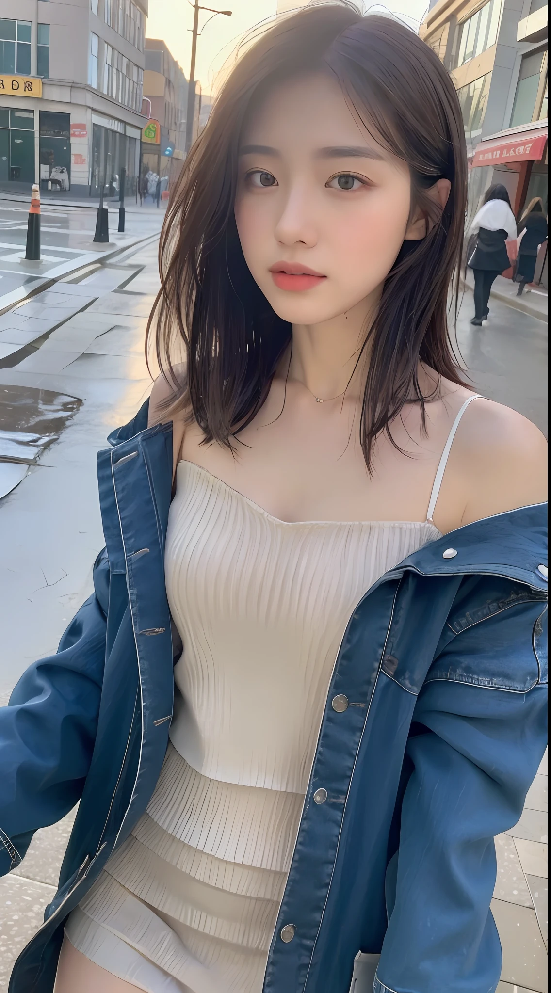 ((Best Quality, 8K, Masterpiece:1.3)), Focus: 1.2, Perfect Body Beauty: 1.4, Buttocks: 1.2, ((Layered Haircut, Breasts: 1.2)), (Wet Clothes: 1.1) , (Rain, Street:1.3), Bandeau Dress: 1.1, Highly Detailed Face and Skin Texture, Delicate Eyes, Double Eyelids, Whitened Skin, Long Hair
