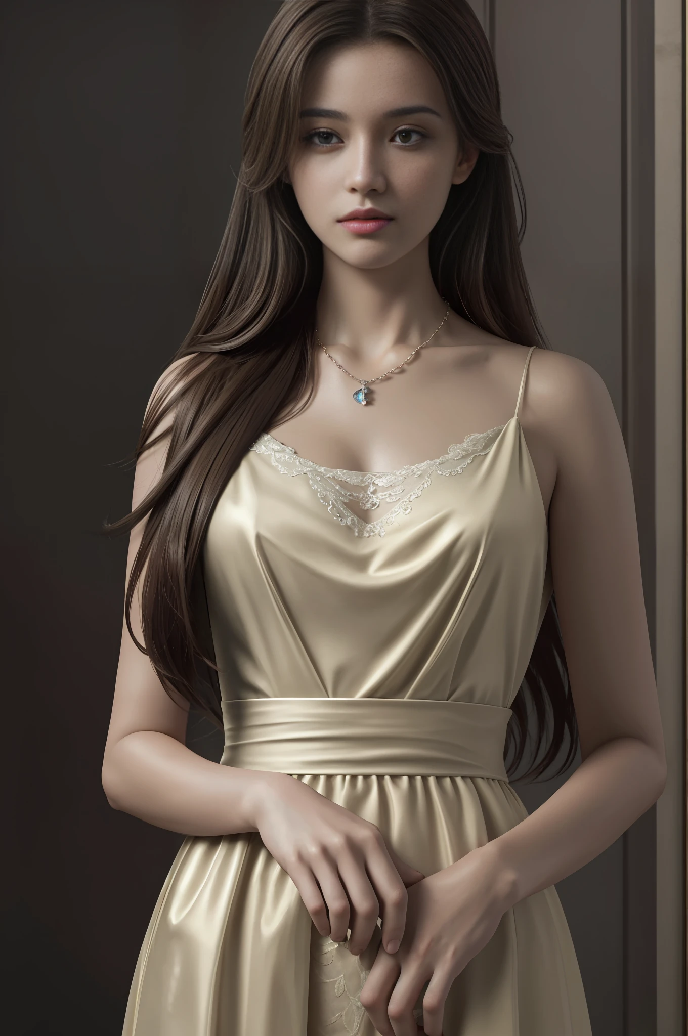 RAW photo, top quality, masterpiece, very delicate and beautiful, very detailed, CG, unity, 8k wallpaper, amazing detail, detailed, masterpiece, best quality, official art, highly detailed CG Unity 8k wallpapers, very detailed, high resolution, very detailed, sharp, focused, (top quality), (realistic, photo realistic: 1.6), 8k, soft lighting, high quality, cinematic lighting, 1girl, centering, whole body, brunette, perfect fingers, long hair, necklace