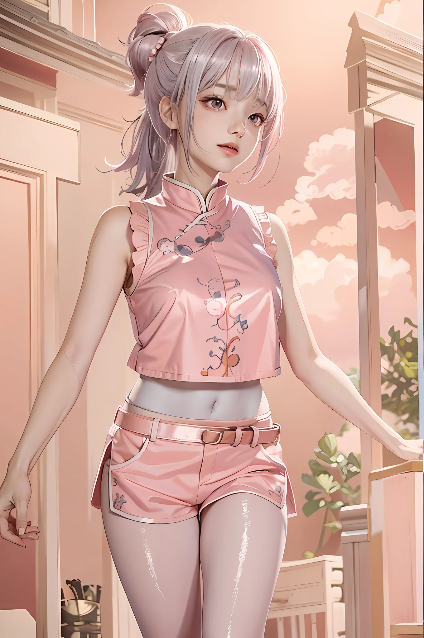 bare feet, pink hair, woman, peach-colored china outfit, photorealistic, high resolution, one girl, gray hair, korean, heterochromic eyes, small moles under eyes, big breasts, bare feet,