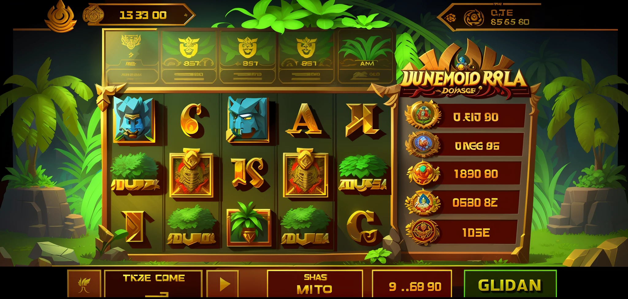 slot machine with many casino symbols, El Dorado, game interface, gilda dejo, game UI, game screen, jungle theme, computer game with UI, game illustration, game UI asset design, shrub stone shell, jungle theme, online casino logo, gold, shrub stone shell element, bush stone shell element frame, mobile game, highly stylized, stylized game art, mayan style, 8K highly detailed, game interface, uniform format, slots