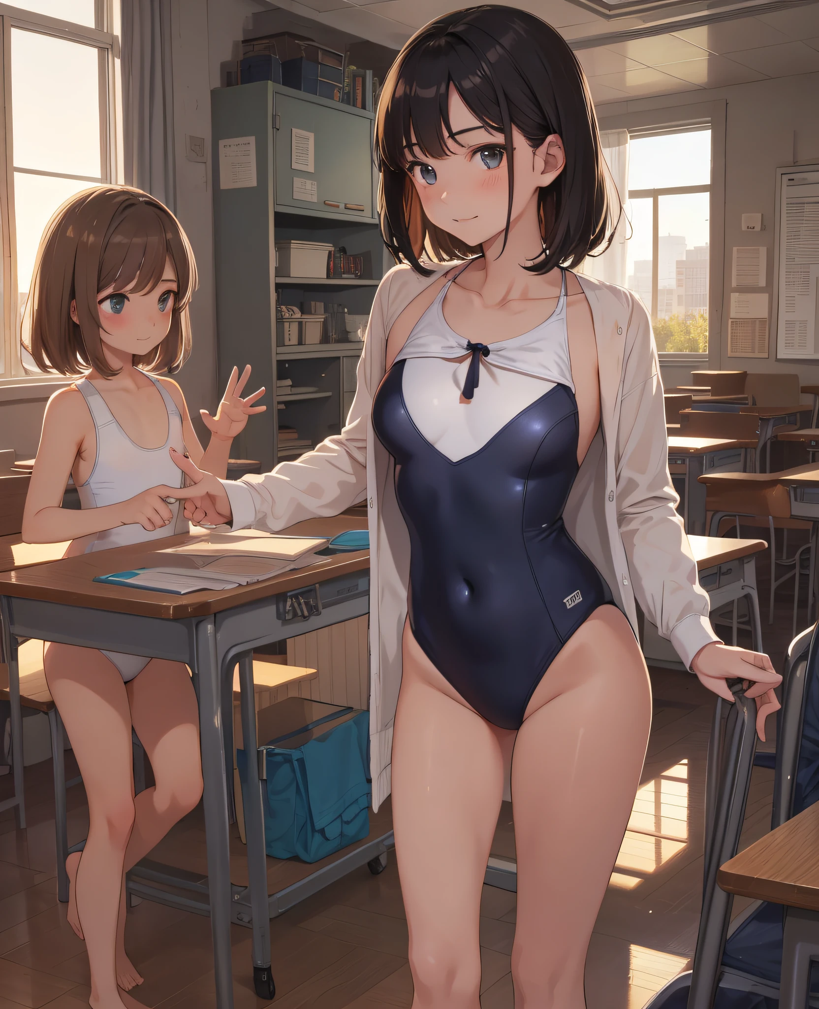Masterpiece, top quality, , (boys grabbing the chest: 1.1), 1 girl. (Swimsuit:1.2), (Classroom:0.8), (Sunset:0.7),(Middle chest:1.4), (Sad smile:0.8)