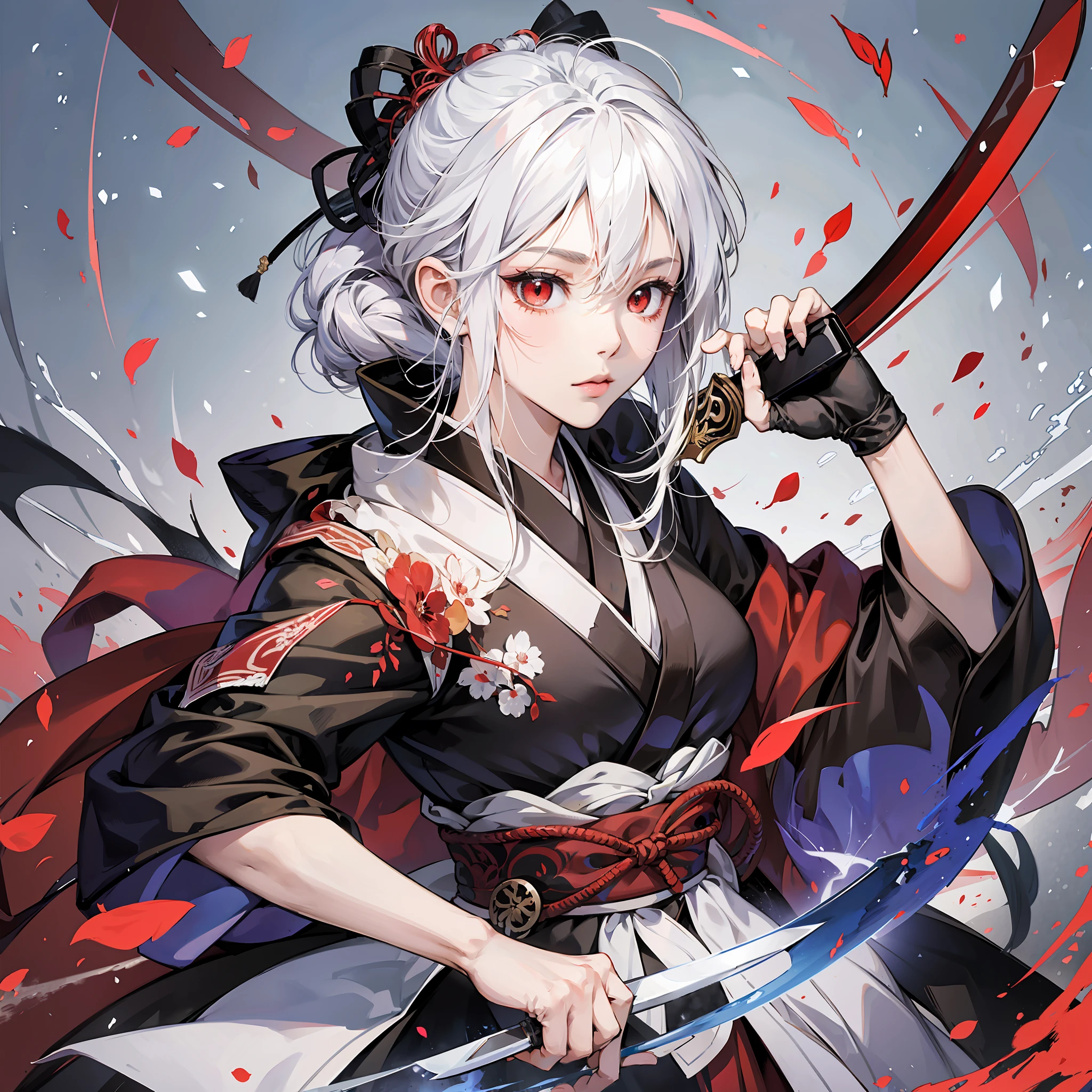 Japanese girl, manga style, white hair, shawl hair, red eyes, black dress, she holds a Japanese sword drawn, --auto --s2