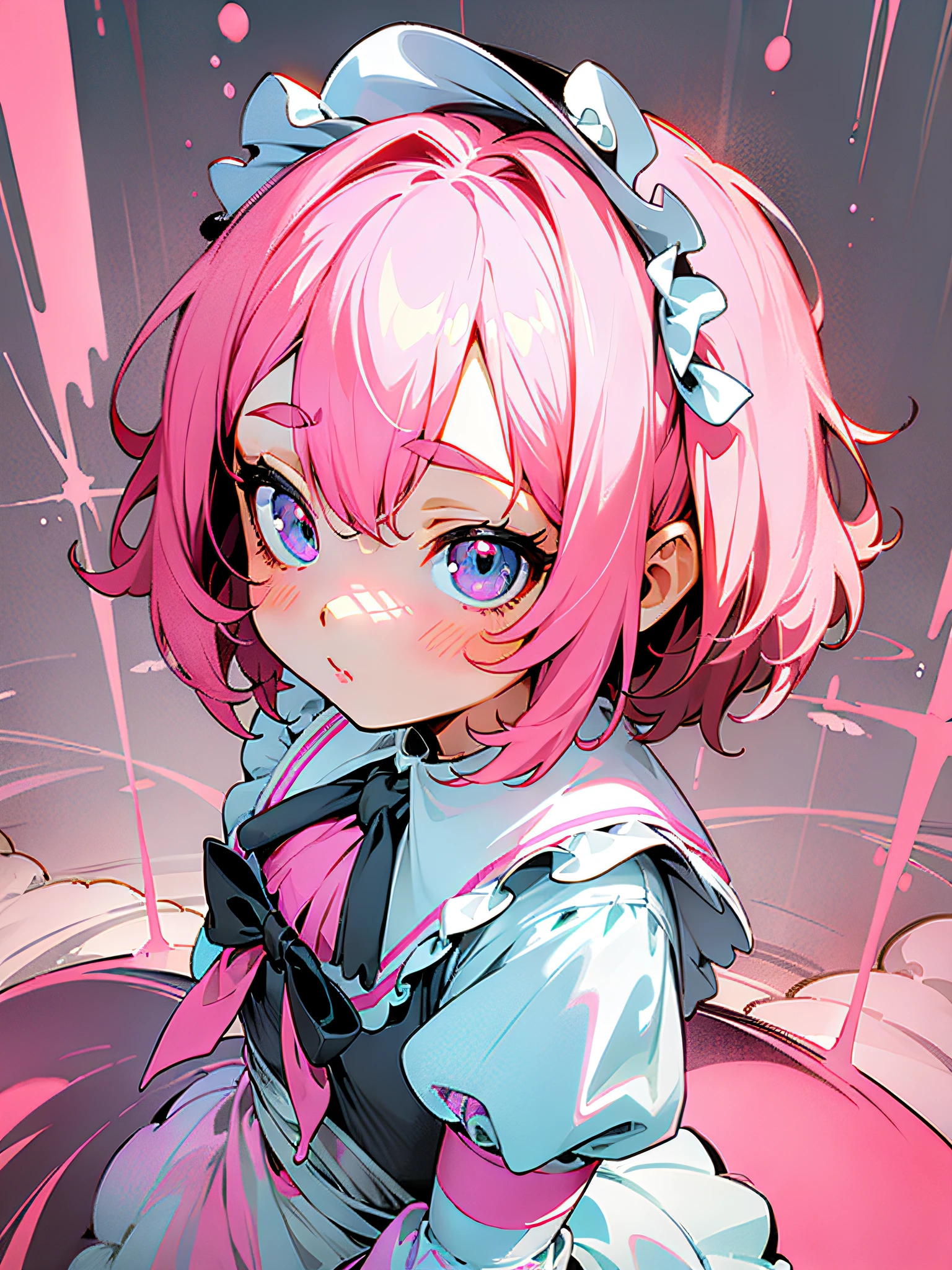 ((Best Quality)), (((Flat Color))), Thick Silhouette, Bright and Soft Diffuse Light, Depth of Field, , ((Upper Body)), From Above, Black and White Maid Outfit, Genki, Shelcom, Pink Hair, Cute Natural Makeup, Art Hair Eyes, Expressive Face, Fisheye