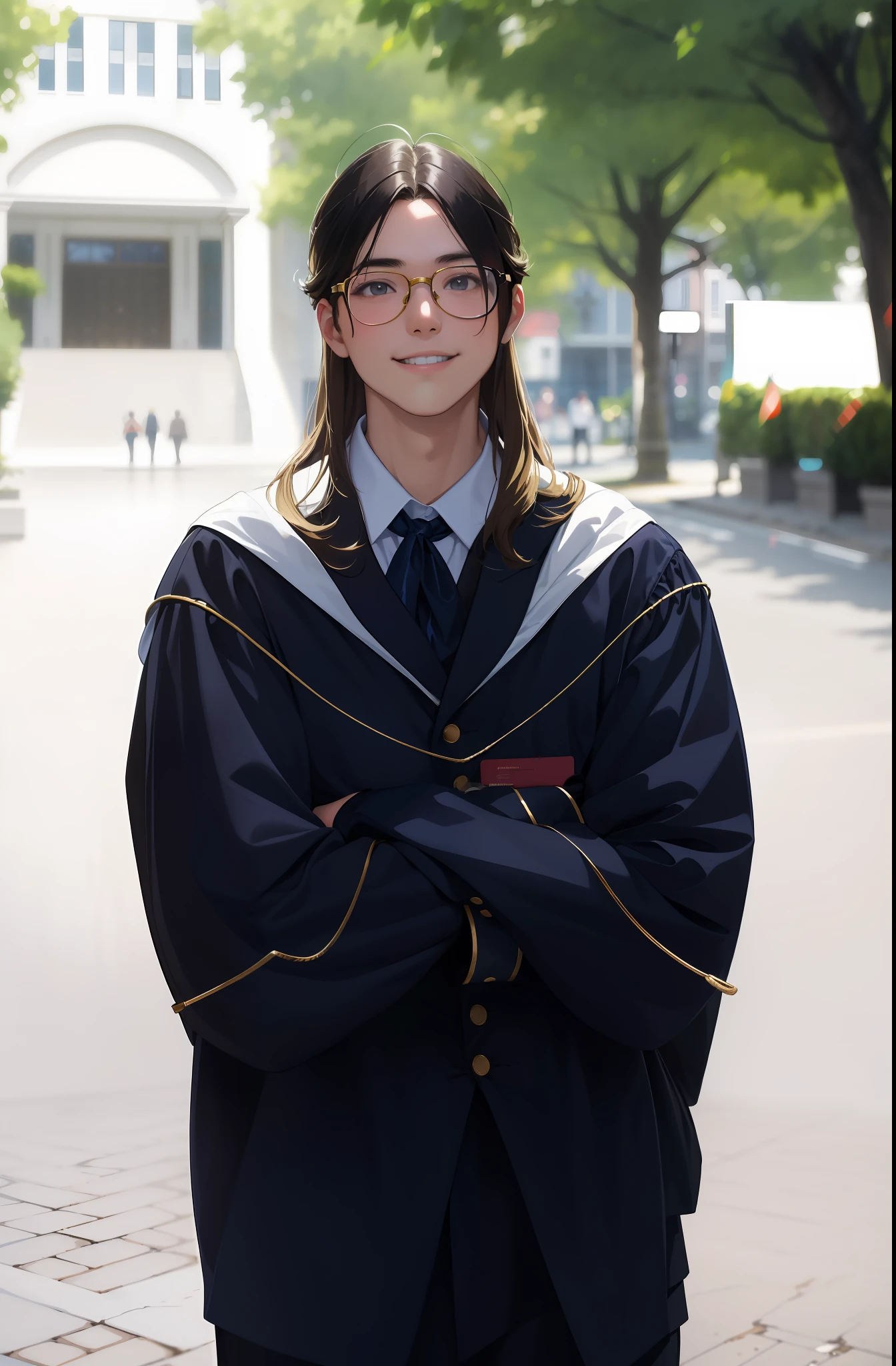 ((Best Quality)), ((Masterpiece)), face redrawn with original image, a long-haired boy in a bachelor's outfit, hands crossed in front of him into cuffs, wearing fine-rimmed glasses with gold wire, smile, campus, Canon EOS 5 D Mark IV shot, extreme detail, post-processing, large aperture, low ISO, white balance, 8K RAW