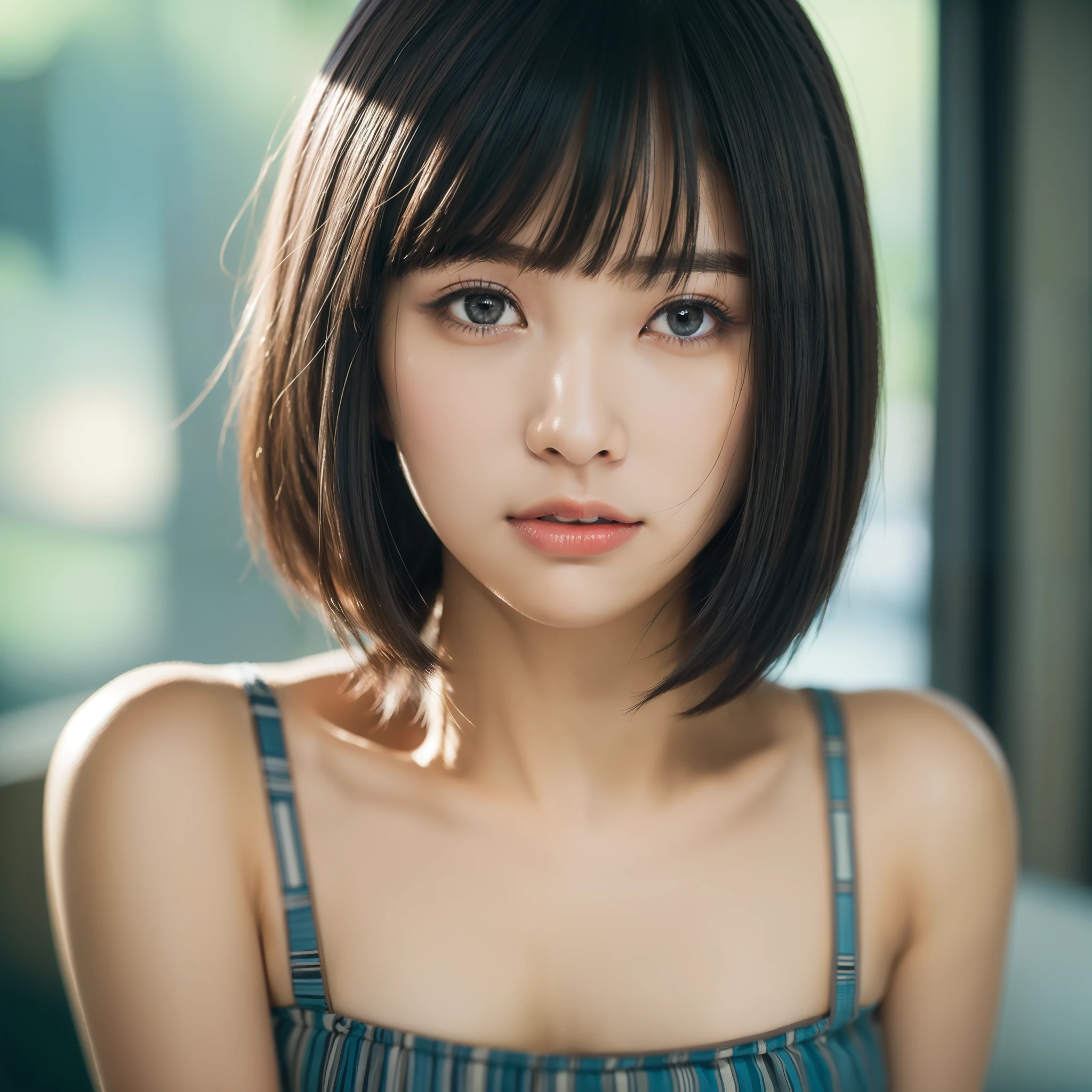 filmg, film portrait photography, 1girl, bare shoulders, black hair with bob cut, calm, gentle, (realistic detailed eyes, natural skin texture, realistic face details), soft dramatic lighting, depth of field, bokeh, vivid details, detail, ultra realistic, 35mm film, blur