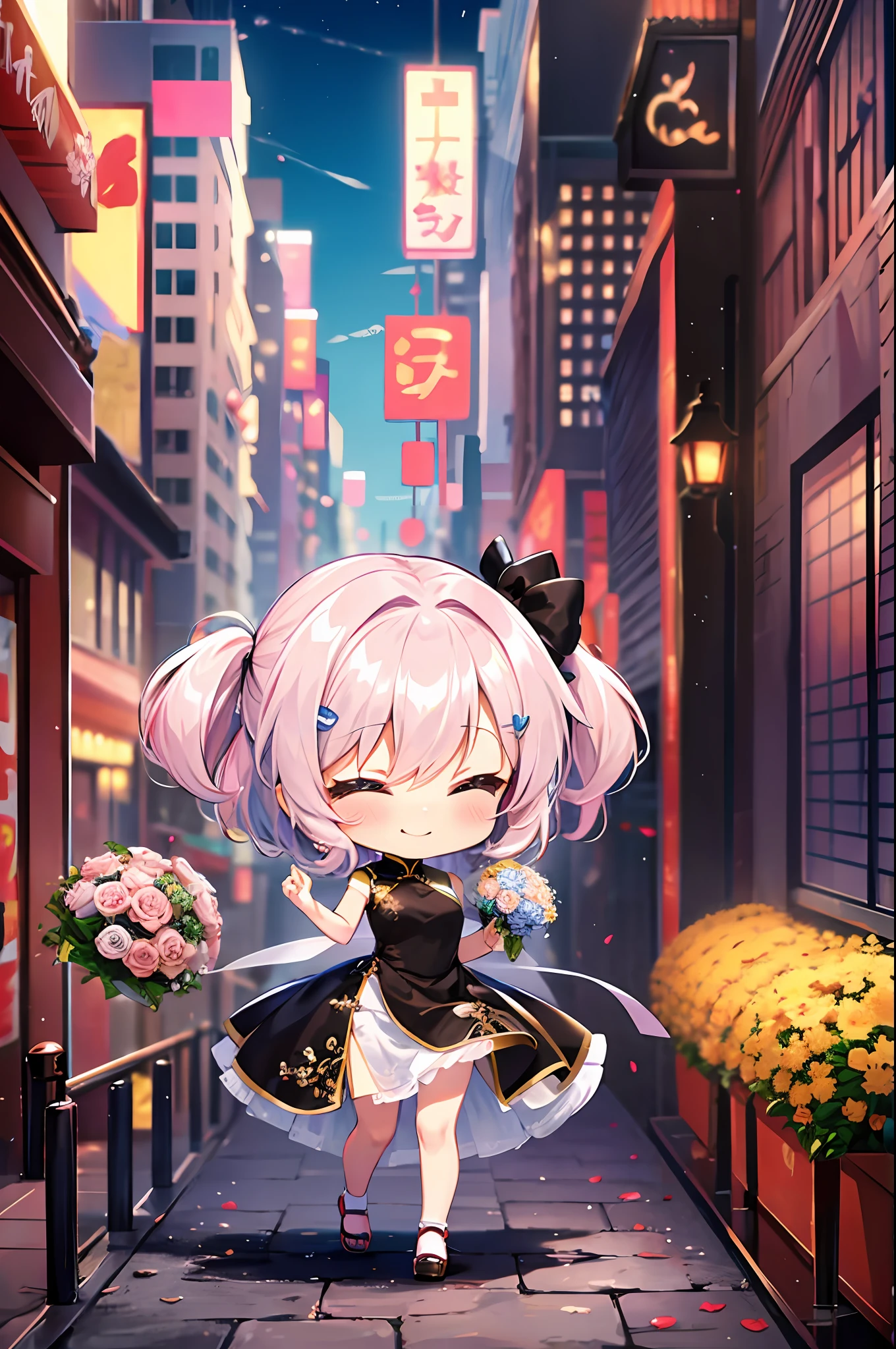 (Chibi: 1.3), happy, (holding a bouquet), full body, China dress,