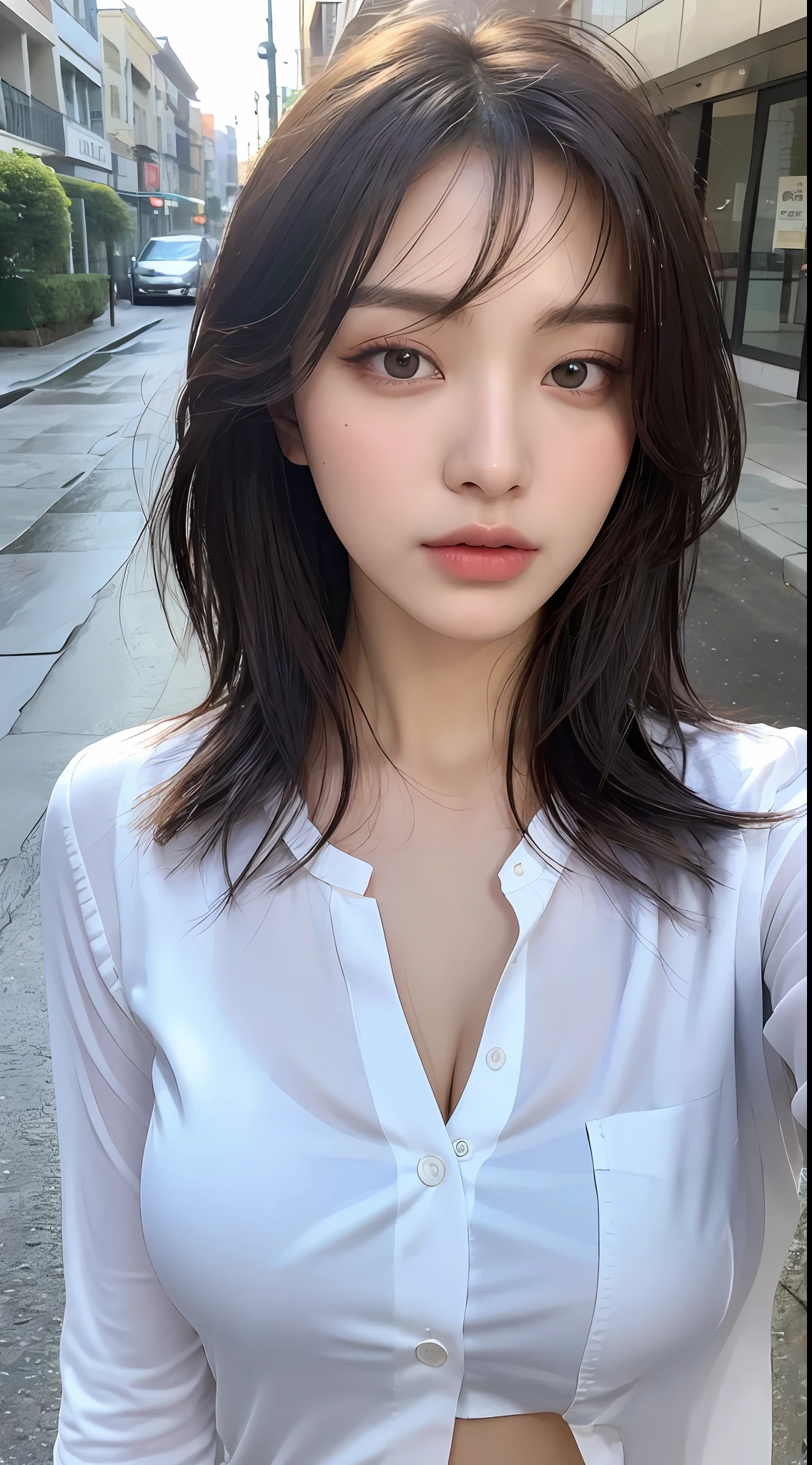 ((Best Quality, 8K, Masterpiece: 1.3)), Sharp: 1.2, Perfect Body Beauty: 1.4, Slim Abs: 1.2, ((Layered Hairstyle, Big Breasts: 1.2)), (Wet White Button Long Shirt: 1.1), (Rain, Street: 1.2), Wet: 1.5, Highly detailed face and skin texture, detailed eyes, double eyelids, side face looking at the camera