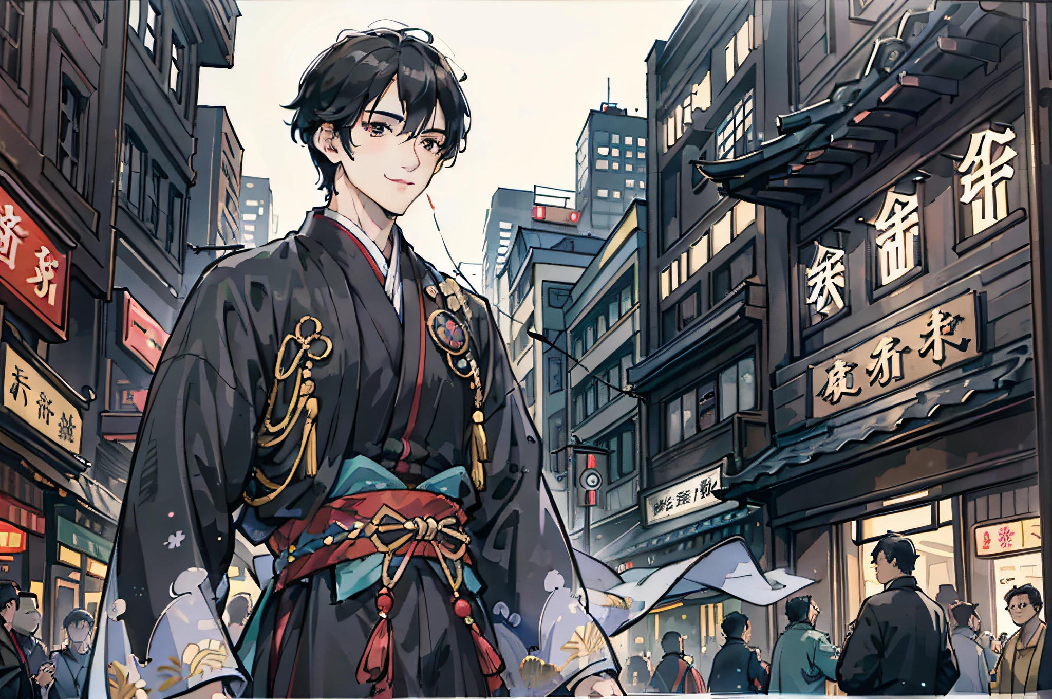 Official Art Illustration, A Man, Black Eyes, Short Hair, Handsome, Smile, Complex Hanfu, Hard Face, FOV, F/1.8, Masterpiece, Song Dynasty Bustling City Street, Shops, Night, Frontal Perspective, Side Light, Moonlight Shining on People, 8K, Hazy