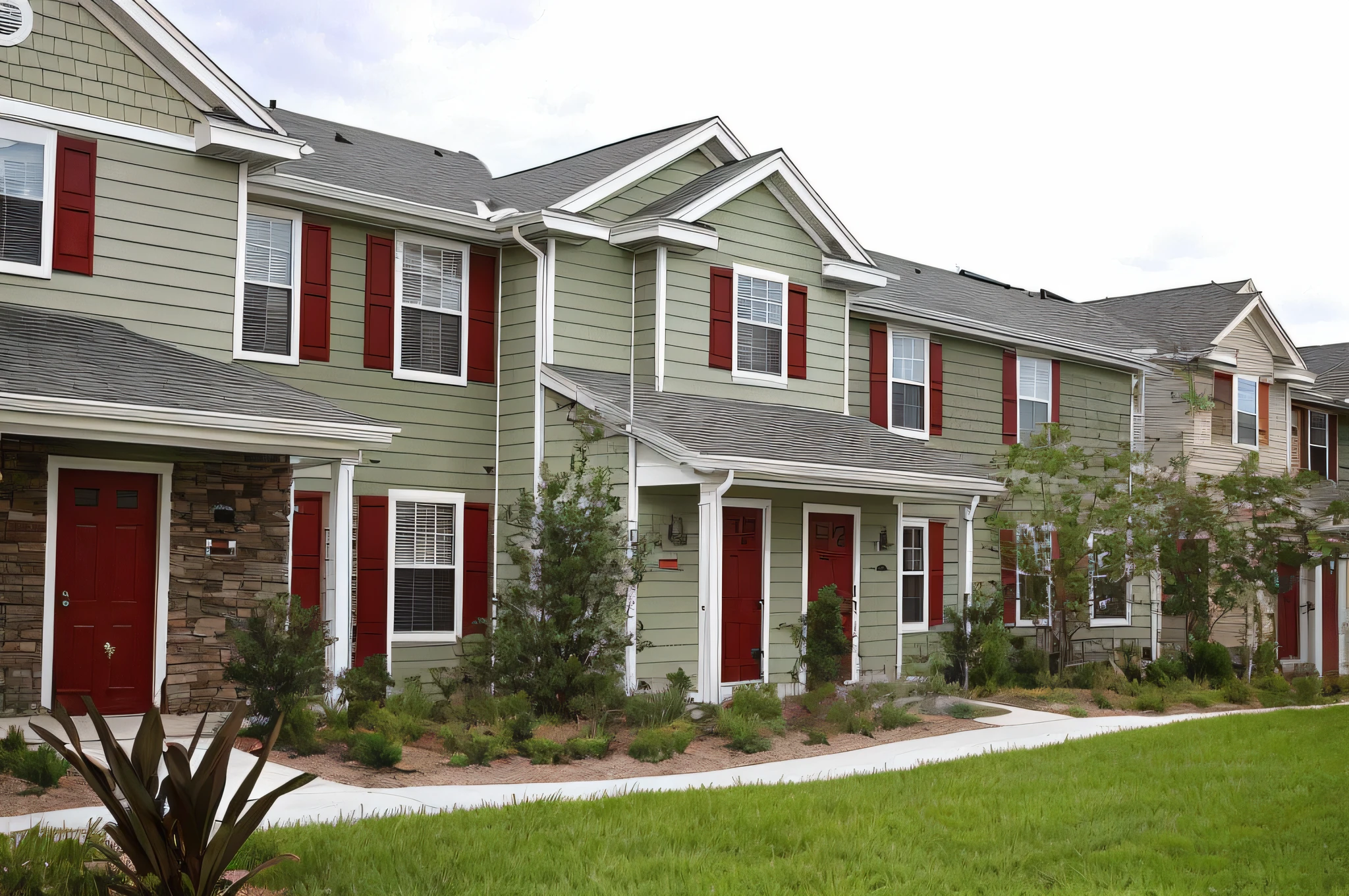 row of houses with red shutters and green grass in front, residential, 2000s photo, beautiful image, exterior, exterior shot, hi-res photo, savannah, high res photo, a long-shot from front, exterior wide shot, a middle-shot from front, full building, photo illustration, exterior photo, exterior view, arhitectural shot
