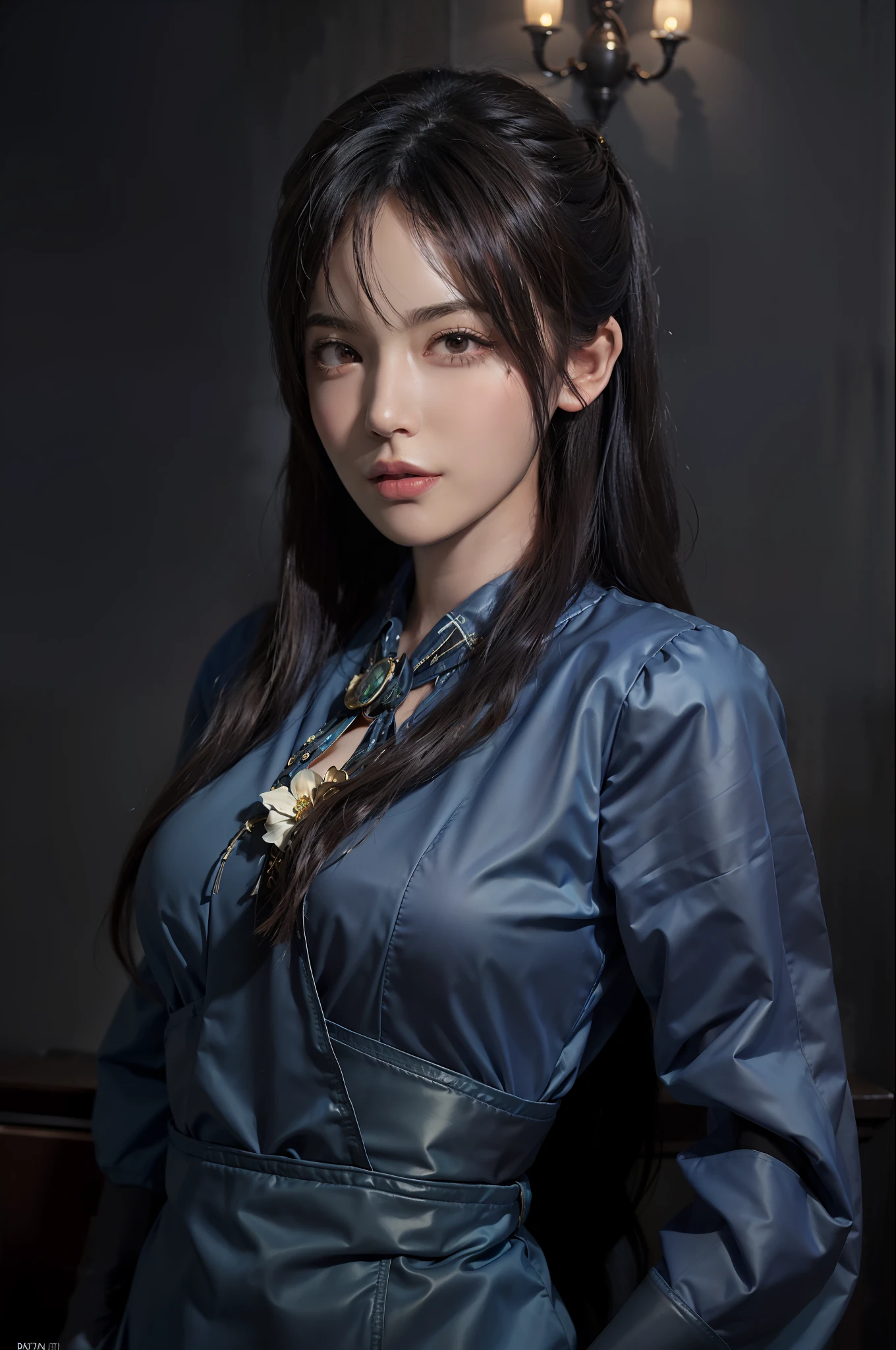 Hyperrealist portrait of female by david hockney and alphonse mucha,fantasy art, photo realistic, dynamic lighting, artstation, poster, volumetric lighting, very detailed faces, 4 k, award winning,, 1girl, in the dark, deep shadow, low key,cowboy shot,(official clothing:1.4) ,long hair,white hair,