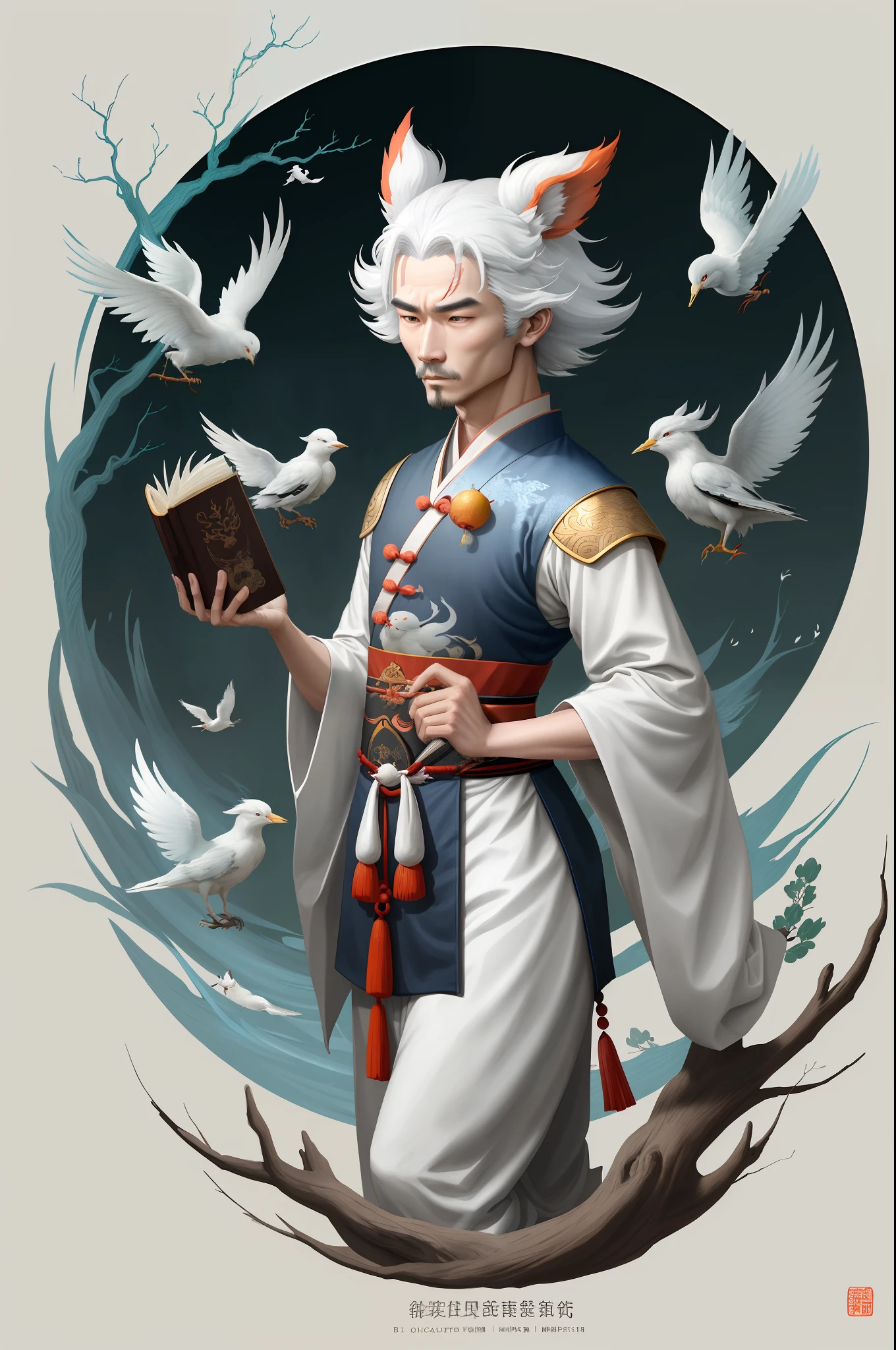 A mysterious and noble Bai Ze man holding a book, with white animal ears and white tail, natural harmony, Bai Ze in Chinese mythology, Fuxi, inspired by Shunkōsai Hokushu, in the artistic style of mohrbacher, small fish frolicking, birds dancing, inspired by Ryūkōsai Jokei, style Peter Morbach
