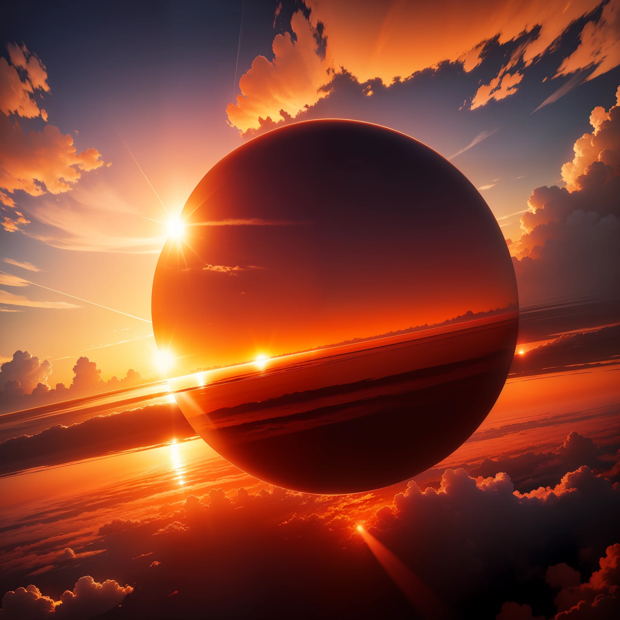 A round of sunset, huge sun, the sun is particularly large, especially clear, red, golden, hanging in the air, radiant, sea of clouds, real, beautiful, spectacular. The magnificent panorama is rendered in 3D, and as opposed to the setting sun, is a beautiful sea of clouds.