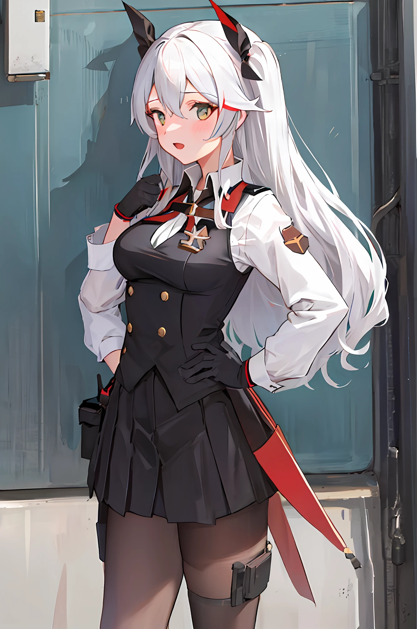 1girl, medium breasts, standing, hand on hip, black_gloves, runner, 
Prinz Eugen, school uniform, sea, white hair, pantyhose, white shirt, black vest