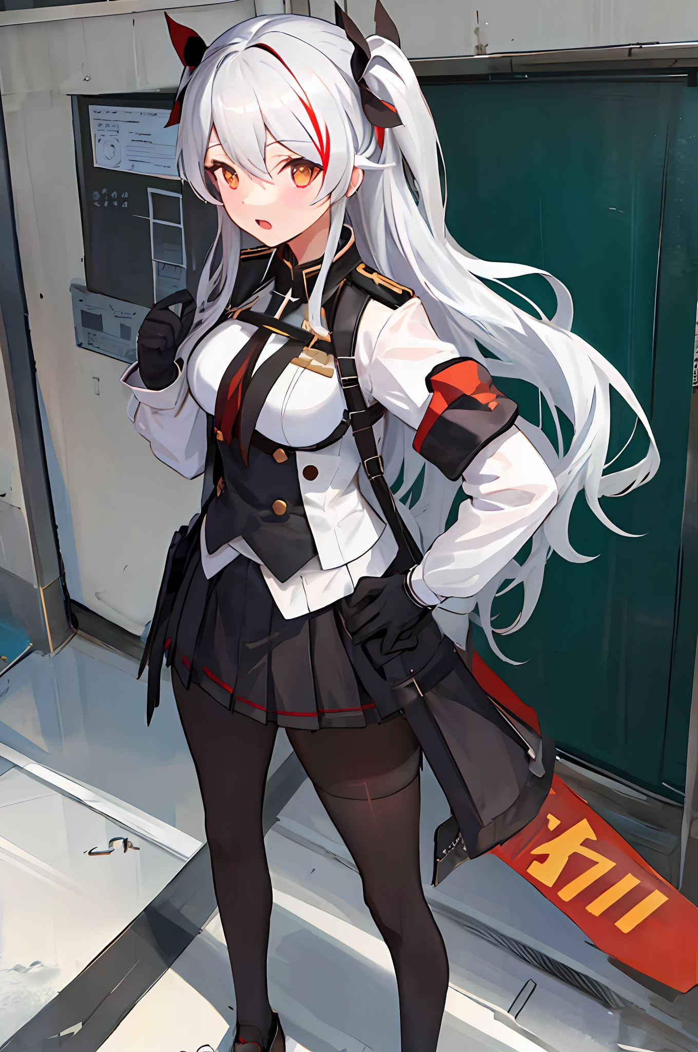 1girl, medium breasts, standing, hand on hip, black_gloves, runner, 
Prinz Eugen, school uniform, sea, white hair, pantyhose, white shirt, black vest