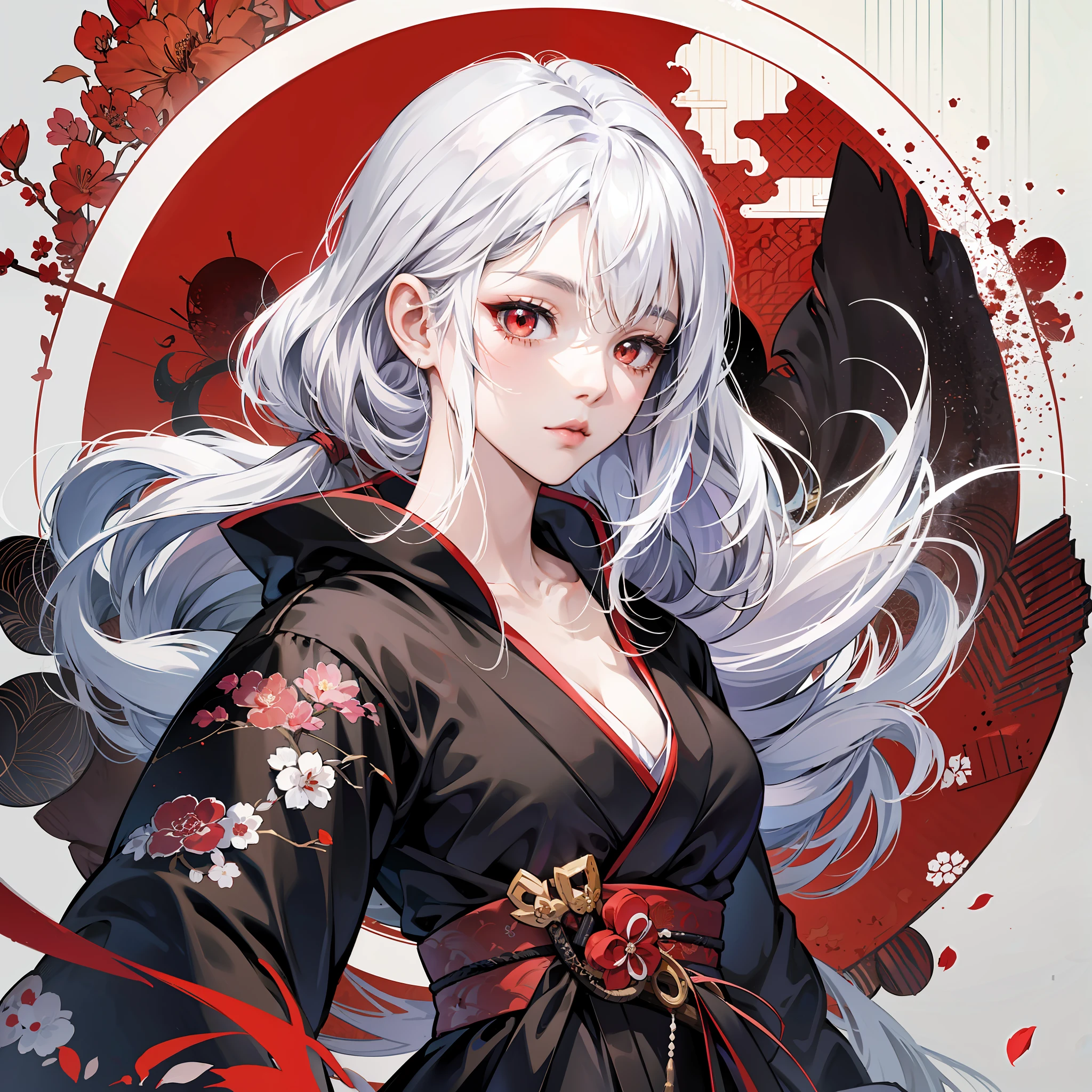 Japanese girl, manga style, white hair, shawl hair, red eyes, black dress, she holds a Japanese sword drawn, --auto --s2
