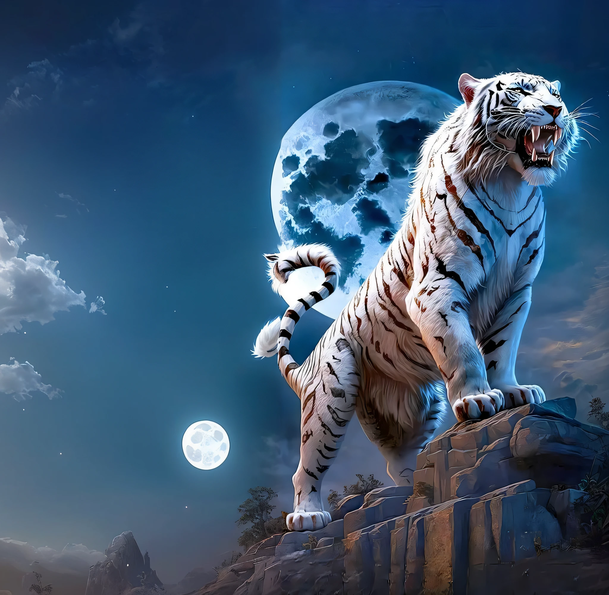 tiger standing on a rock with a full moon in the background, white tiger, tiger_beast, ((tiger)), cosmic tiger, anthropomorphic tiger, extremely high detail!!, majestic!!! beautiful!!!, amazing wallpaper, highly detailed creature, detailed beautiful animals, by Wu Zhen, stunning and rich detail, mobile wallpaper, 3 0, strong and ferocious