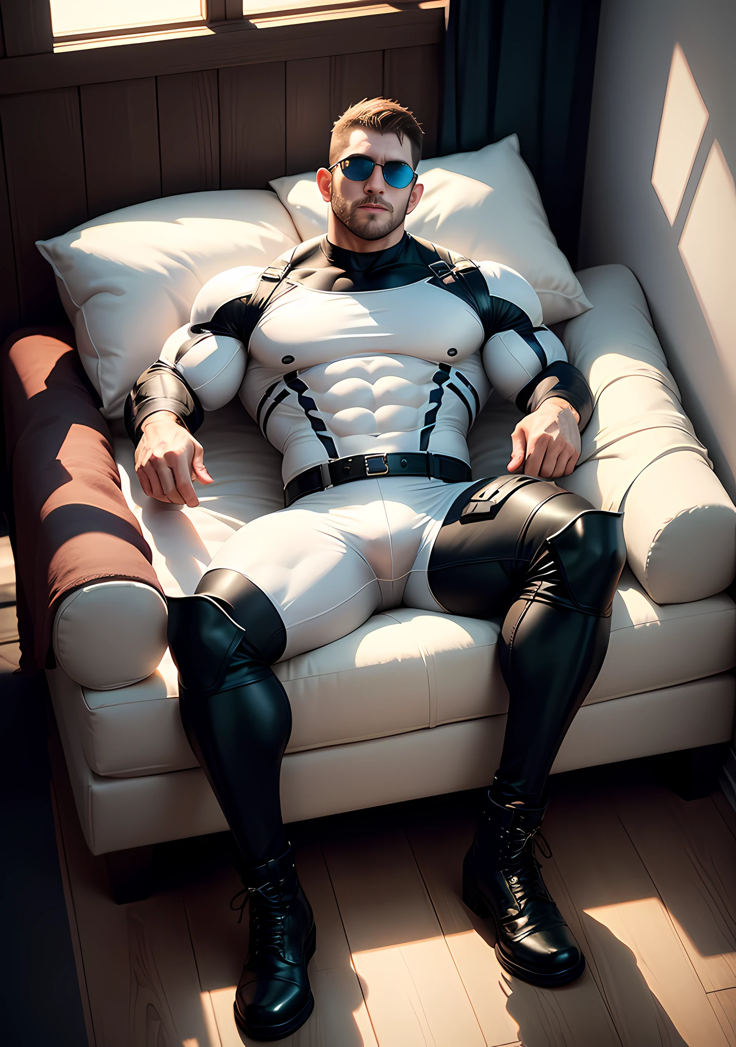 Arad man in milky white clothes, lying on a white and soft sofa bed with warm fluff, hands and feet tied by sheets, muscle hero, Buzz Cut, tall and burly, muscular! Wearing black sunglasses, tall and burly, stealth suit, symmetrical floral texture design thick thermal tights, super buff and cool, high resolution committee, character design (Resident Evil - Chris Redfield), black military boots, attractive strong man, warm and soft lights shining on the body