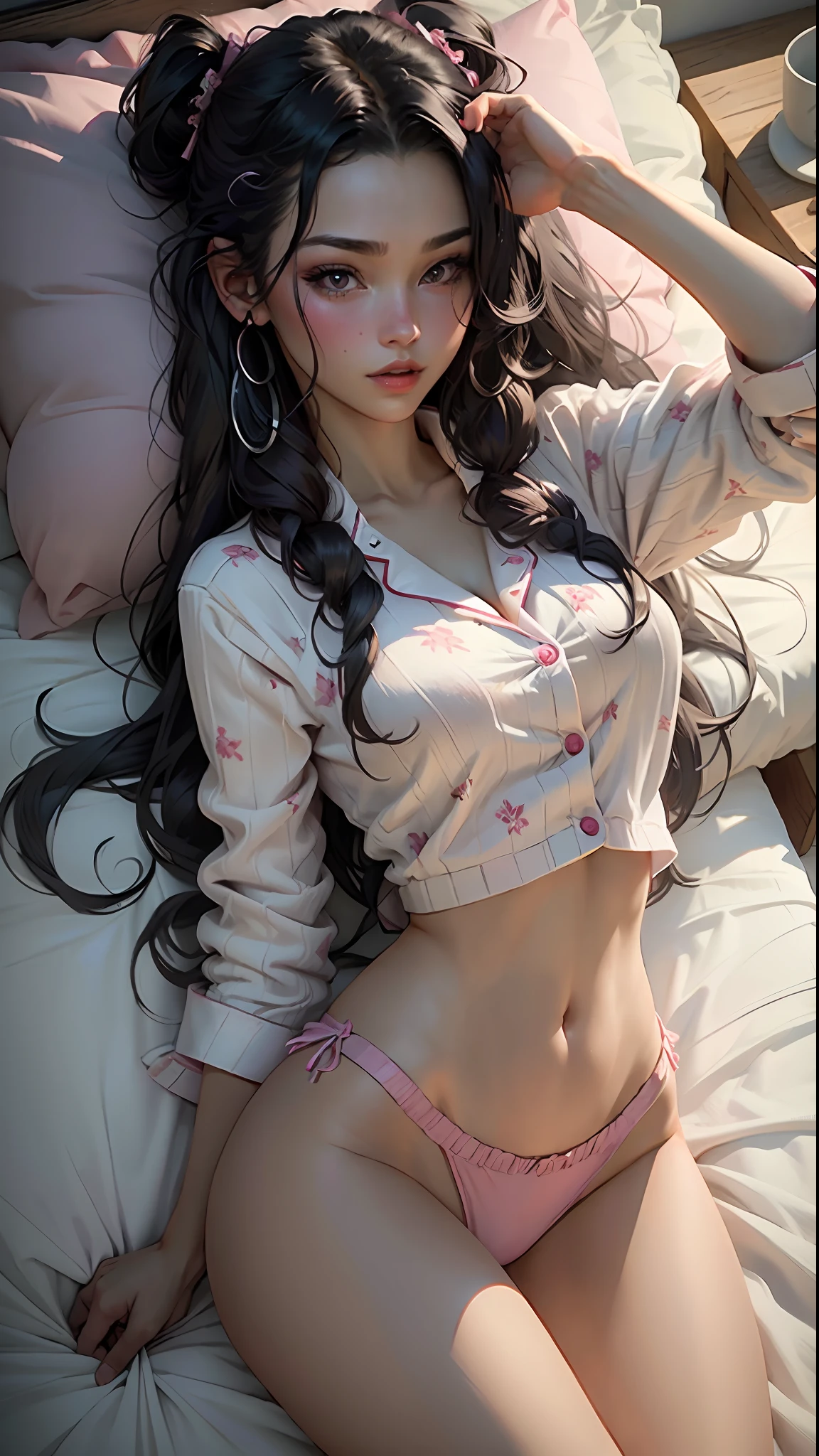 4k, realistic, charismatic, very detailed, there is a girl(19 years old, long black hair with white tips, big breasts) in bed, wearing pajamas, pink theme, full body