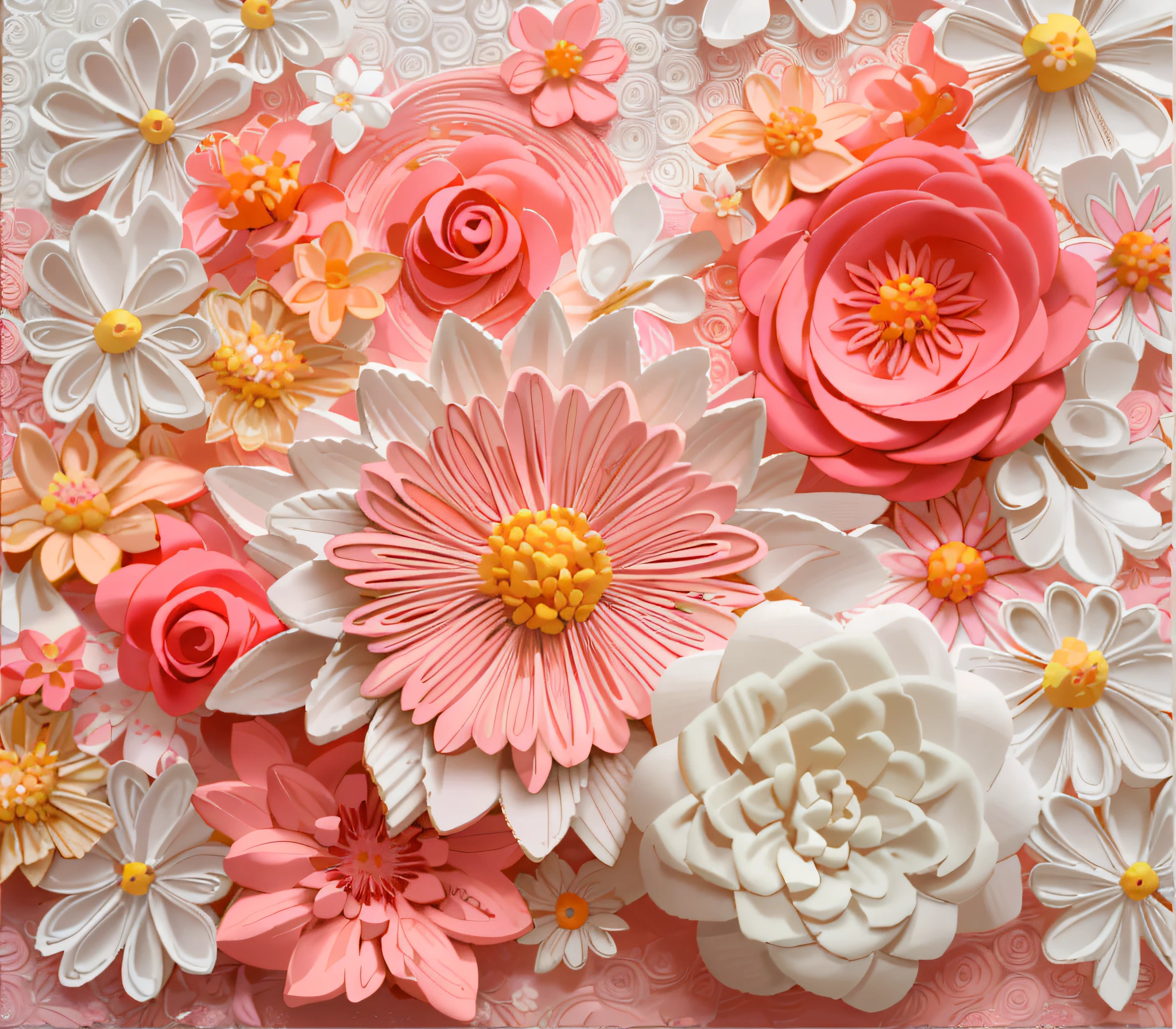 there is a close up of a pink and white flower wall, detailed flowers, flowers with intricate detail, paper art, pink orange flowers, layered paper art, insanely detail, paper origami flowers, paper quilling, made of flowers, paper modeling art, floral motives, exquisite floral details, orange pastel colors, intricate flower designs, peach embellishment
