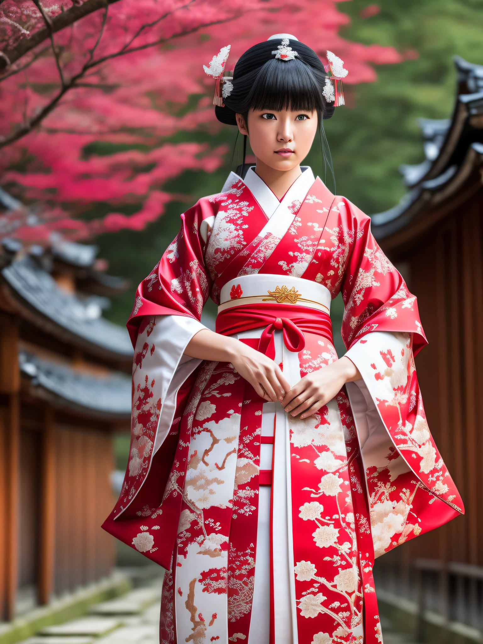 Kikyo in Japan's Sengoku period standing in front of a Sengoku period village, Kagome in a red and white shrine maiden clothing, full body size image, unreal engine 5, perfect contrast, facial symmetry, high definition, style of Dan Dos Santos, Ally Fell, artstation,