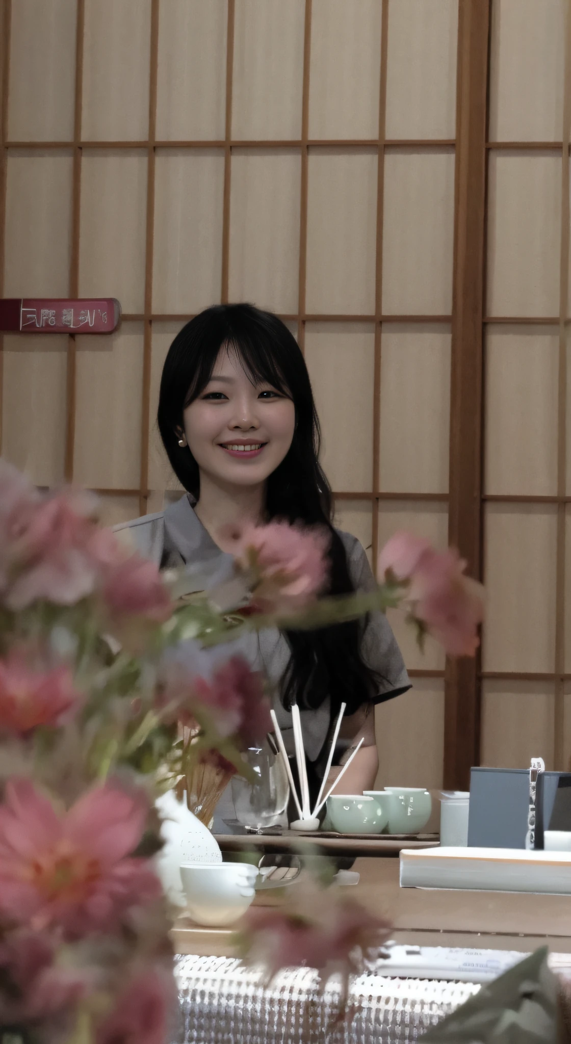 there is a woman sitting at a table with a vase of flowers, artist arata yokoyama, chiho, kiyoko suzuki, shiori teshirogi, junko enoshima, shin min jeong, narumi kakinouchi, yuuka kazami, seseon yoon, ayaka, harumi, tsugumi ohba