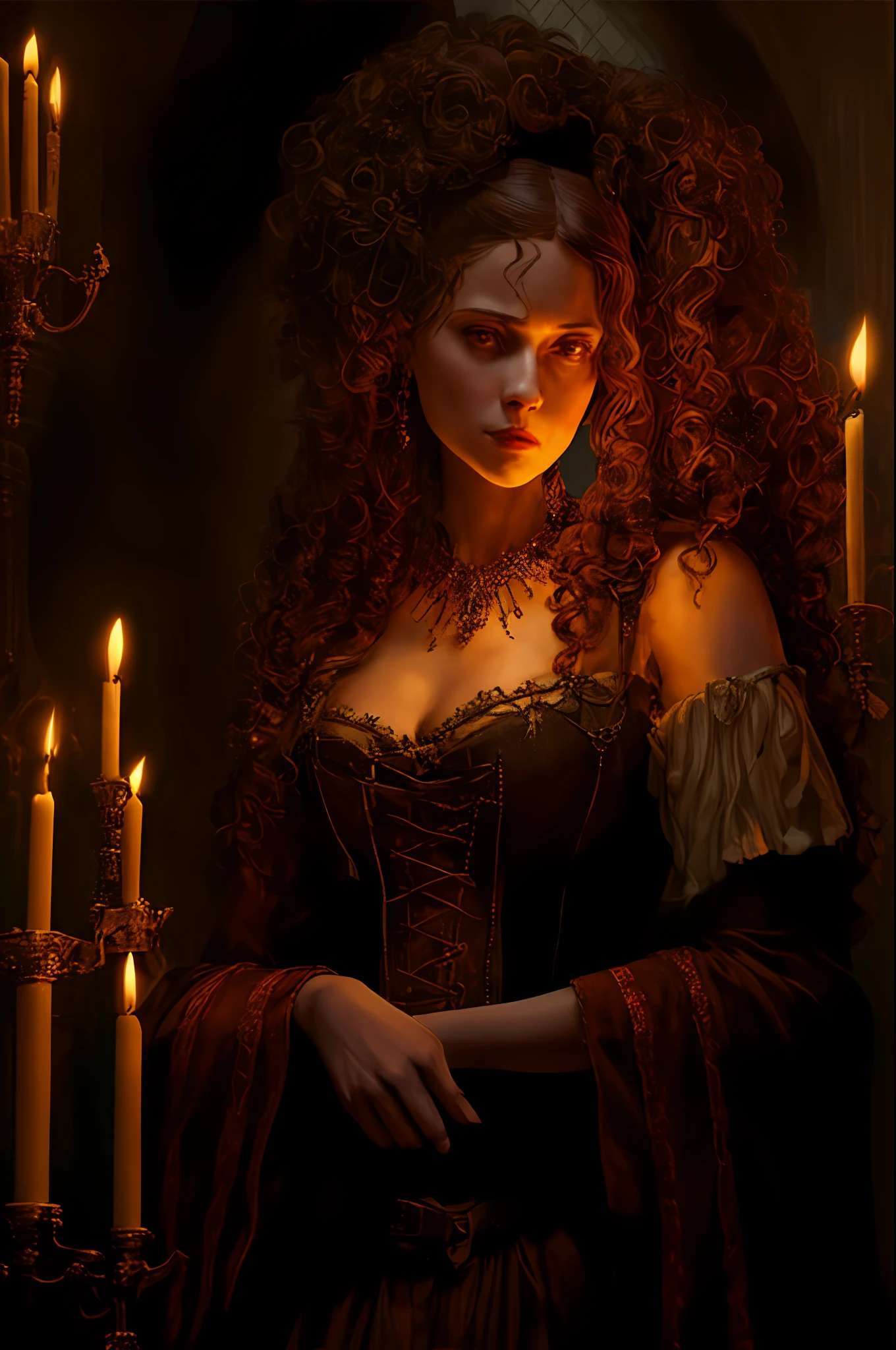 The image shows a stern woman looking directly at us, she has lit candles on both shoulders, her hair is curly, the woman has a face with strong facial lines, her fingers are bony, she is wearing a medieval dress with a corset on top, The image is only from the waist up, The image has a sacred touch, it is inside a medieval church. Great quality, high definition, great details, dark fantasy style.