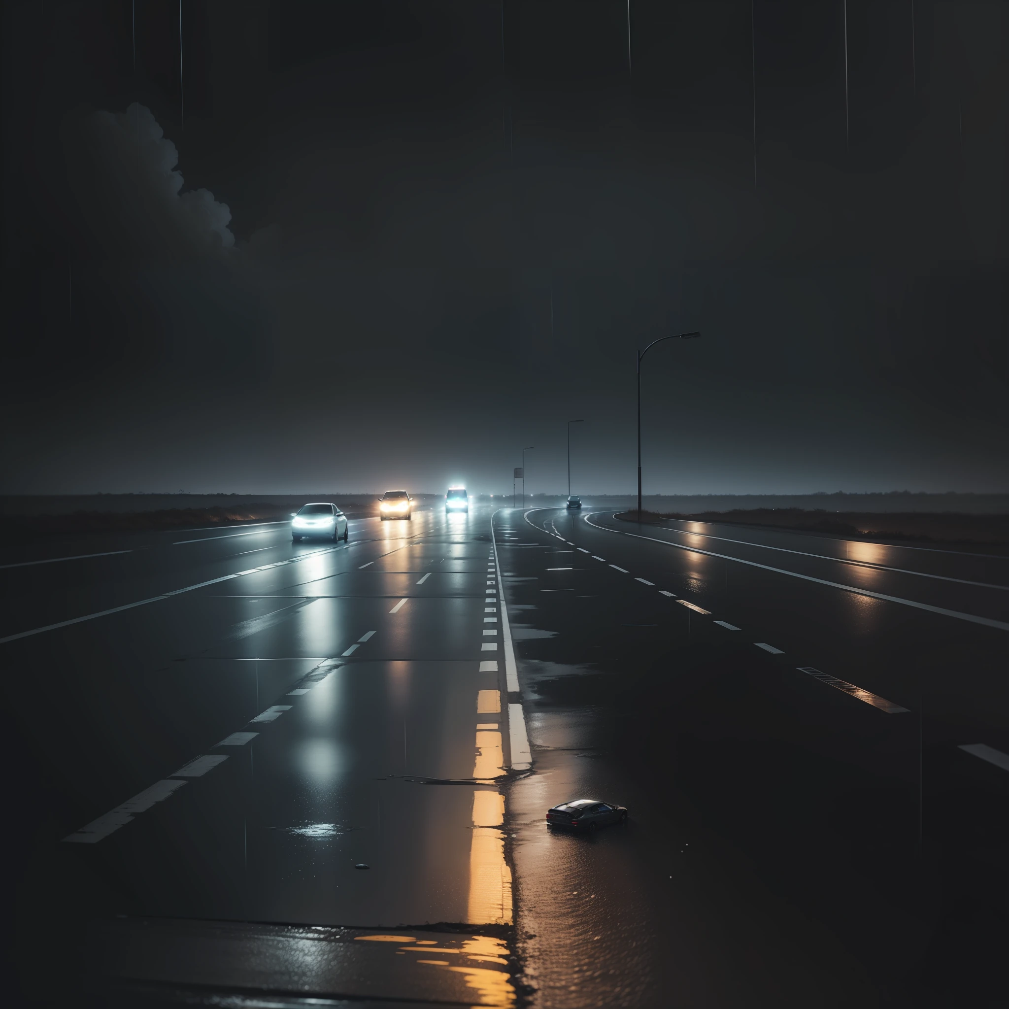 just a car stopped on a deserted, gloomy road on a rainy night