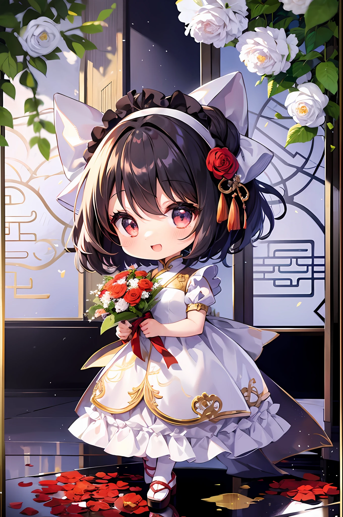 (Chibi: 1.3), happy, (holding a bouquet), full body, China dress, frill,