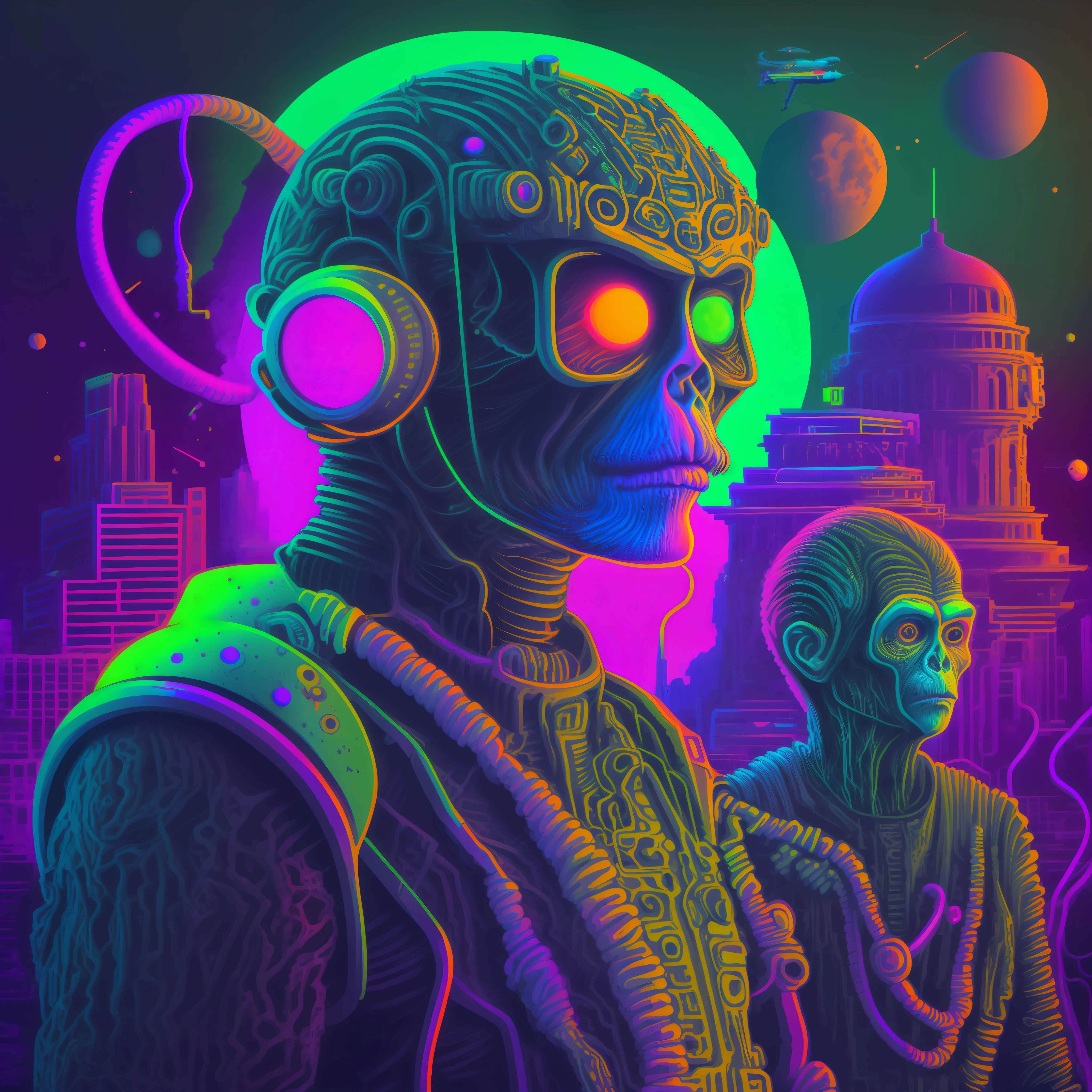 (best quality) A stunning artwork inspired by the futuristic sci-fi world of "NeonMutation Monkey": a neon-clad monkey with mutated features and extraordinary abilities. (dynamic pose) The monkey stands tall in a dynamic pose, (glowing eyes) its intense glowing eyes piercing through the dark environment. (neon city) The background is an ultra-detailed neon cityscape with vibrant colors, illuminated by the bright neon lights, (futuristic skyline) rising up to the futuristic skyline. The monkey's neon powers create a ripple effect causing the neon cityscape to warp and twist. High-quality illustration and futuristic, dynamic composition.