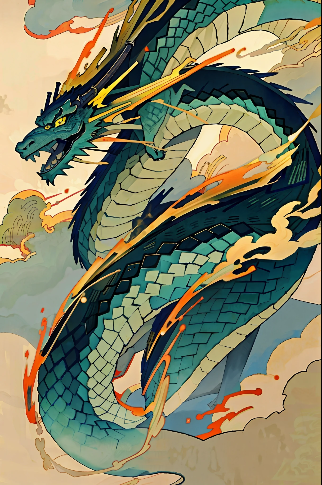 Create images in the style of traditional Japanese painting. The scene depicts a dramatic dragon flying in the sky. The dragon's scales are black with dark golden streaks on its body, shining in the sun. The clouds are layered, and the clouds and wind surround the dragon. The dragon's expression is fierce and calm, conveying strength and wisdom. The image should have high resolution and high quality, the dragon is clearly focused, and the clouds and background are blurred dreamy. The angle of the camera should be slightly lower than the faucet, the ultra-wide range of the picture gives a feeling of its grandeur and size, and the light should be soft and diffuse, creating a mysterious and dreamy atmosphere.