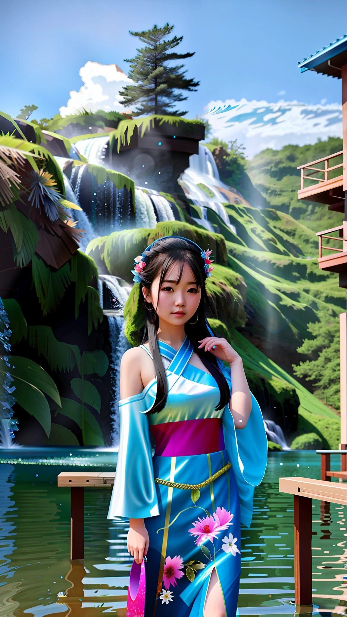 Girl standing in blue dress in water with waterfall in background, wallpaper anime blue water, Limuru storm, girl walking on water, 4 k, trend in art station pixiv, goddess, water element, beautiful artwork, asian woman water element, limlu, hd art, art wallpaper 4k