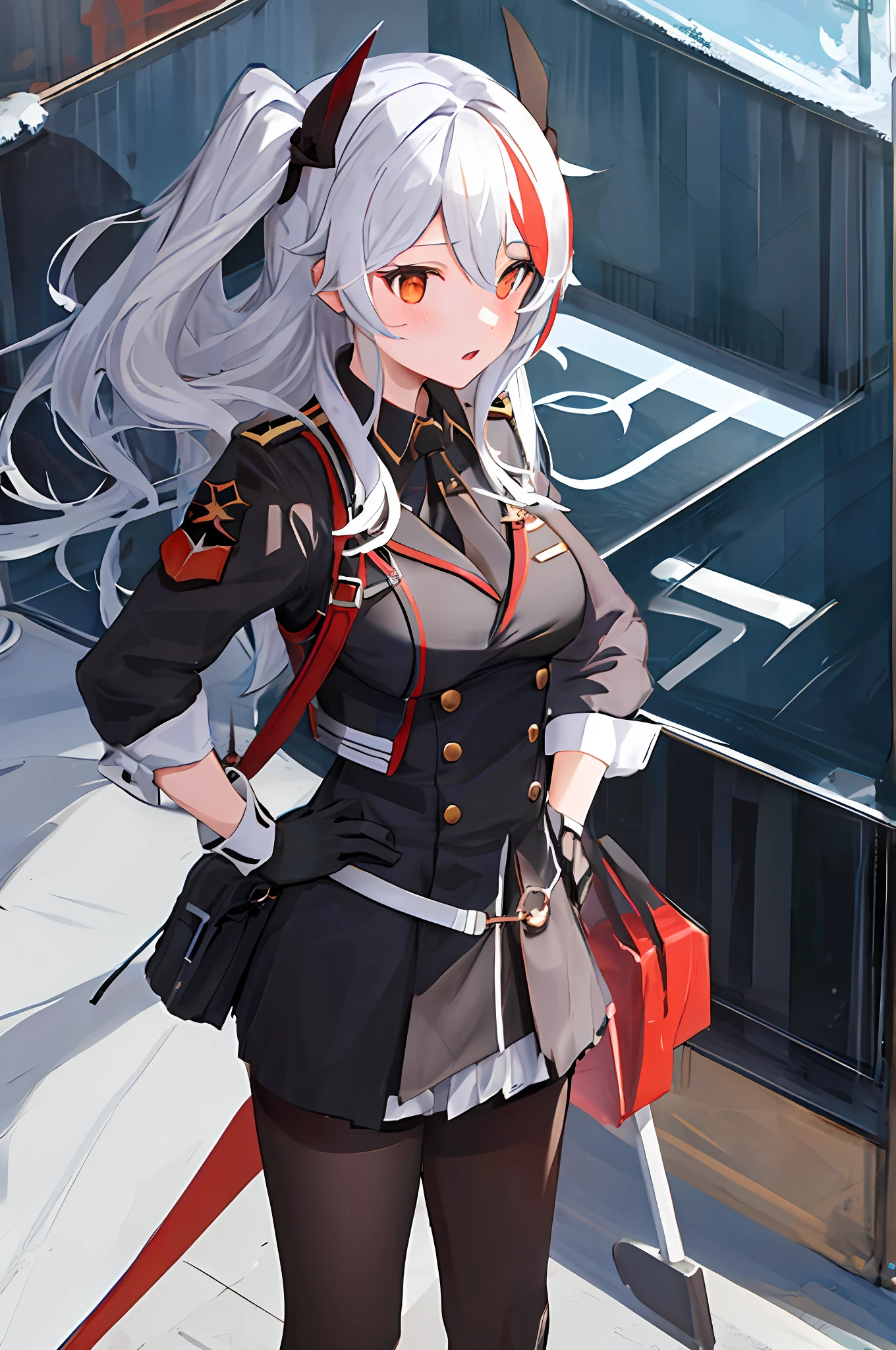 1girl, medium breasts, standing, hand on hip, black_gloves, runner, 
Prinz Eugen, school uniform, sea, white hair, pantyhose, white shirt, black vest