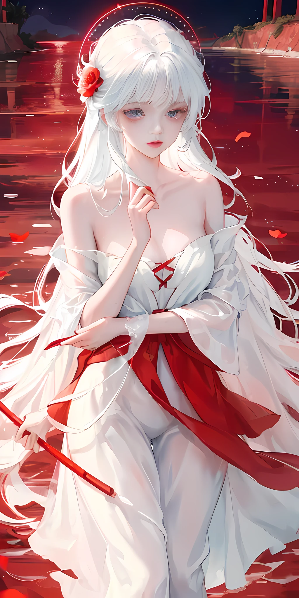 close-up, (beautiful girl), garlic, flower, (beautiful girl), bust photo, moist lips, sad eyes, long white hair, smooth and delicate skin, ((red clothes)), red long skirt, open thighs, brilliant and colorful, fantasy art, mysticism, dream scene, dream, dream light, seduction, psychedelic, misty halo, (((night)), river bank, full of flowers on the other side, dreamy, flying red tiny petals, red fluorescent petals, fluorescent flowers, Fluorescent flowing water, standing in water, shallow water, master works, extreme detail, planing correctly, correct limbs, accurate, hud, high definition, exquisite details, 8K, red light