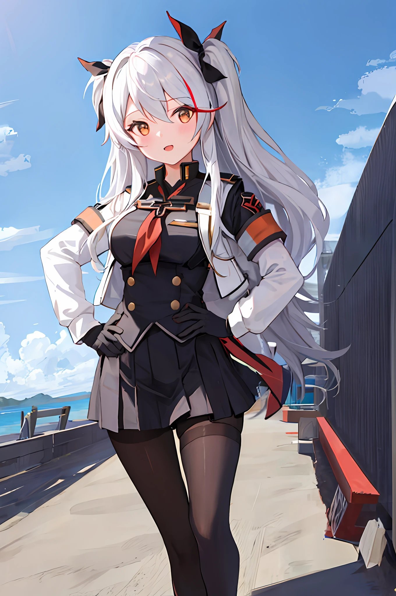 1girl, medium breasts, standing, hand on hip, black_gloves, runner, 
Prinz Eugen, school uniform, sea, white hair, pantyhose, white shirt, black vest