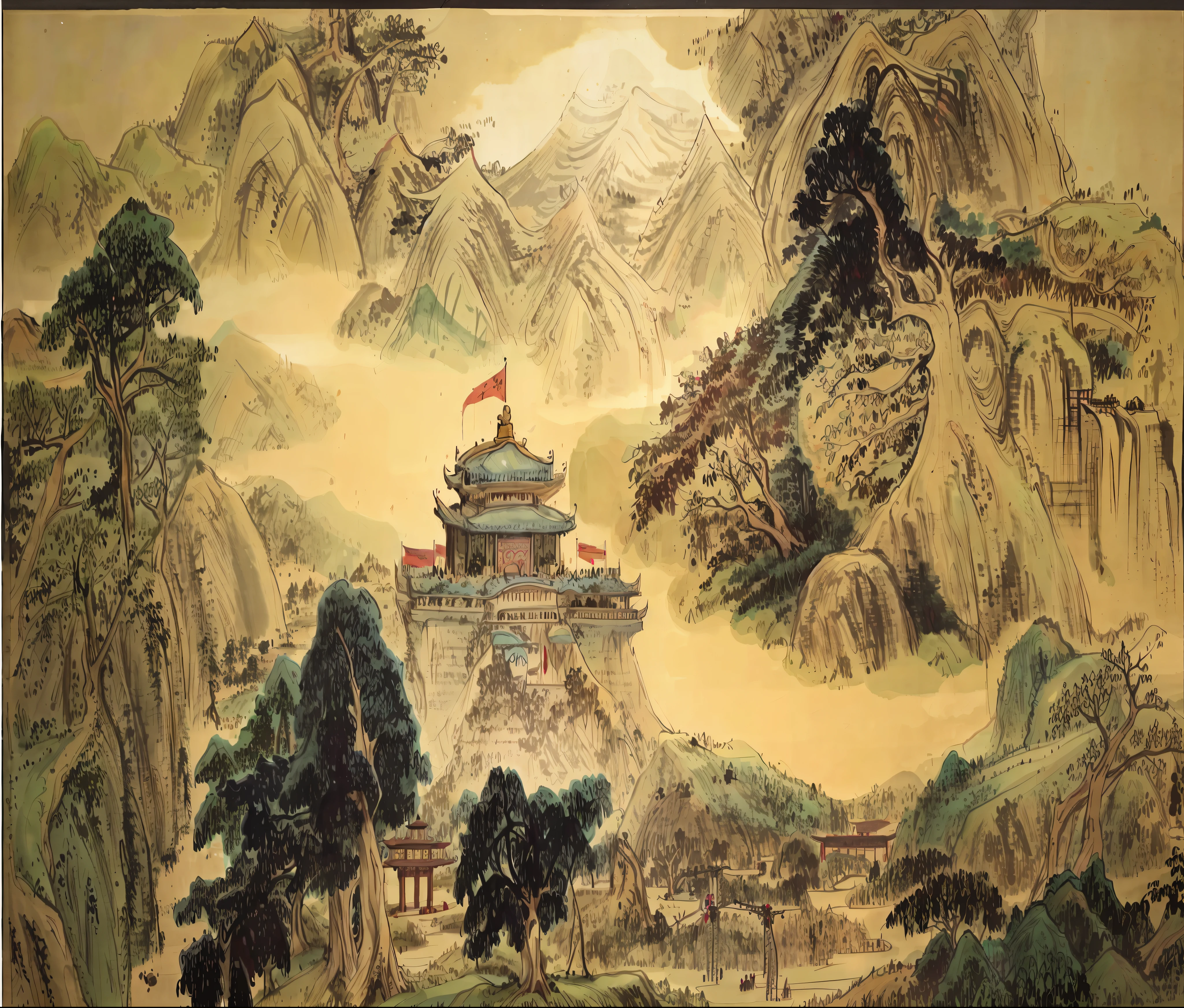 painting of a mountain scene with a temple and a mountain, ancient china art style, qing dynasty, song dynasty, inspired by Yang Buzhi, chinese landscape, traditional chinese art, chinese style painting, ming dynasty, chinese art, tang dynasty palace, by Li Di, dreamland of chinese, by Zhu Da, beautiful render of tang dynasty, tang dynasty