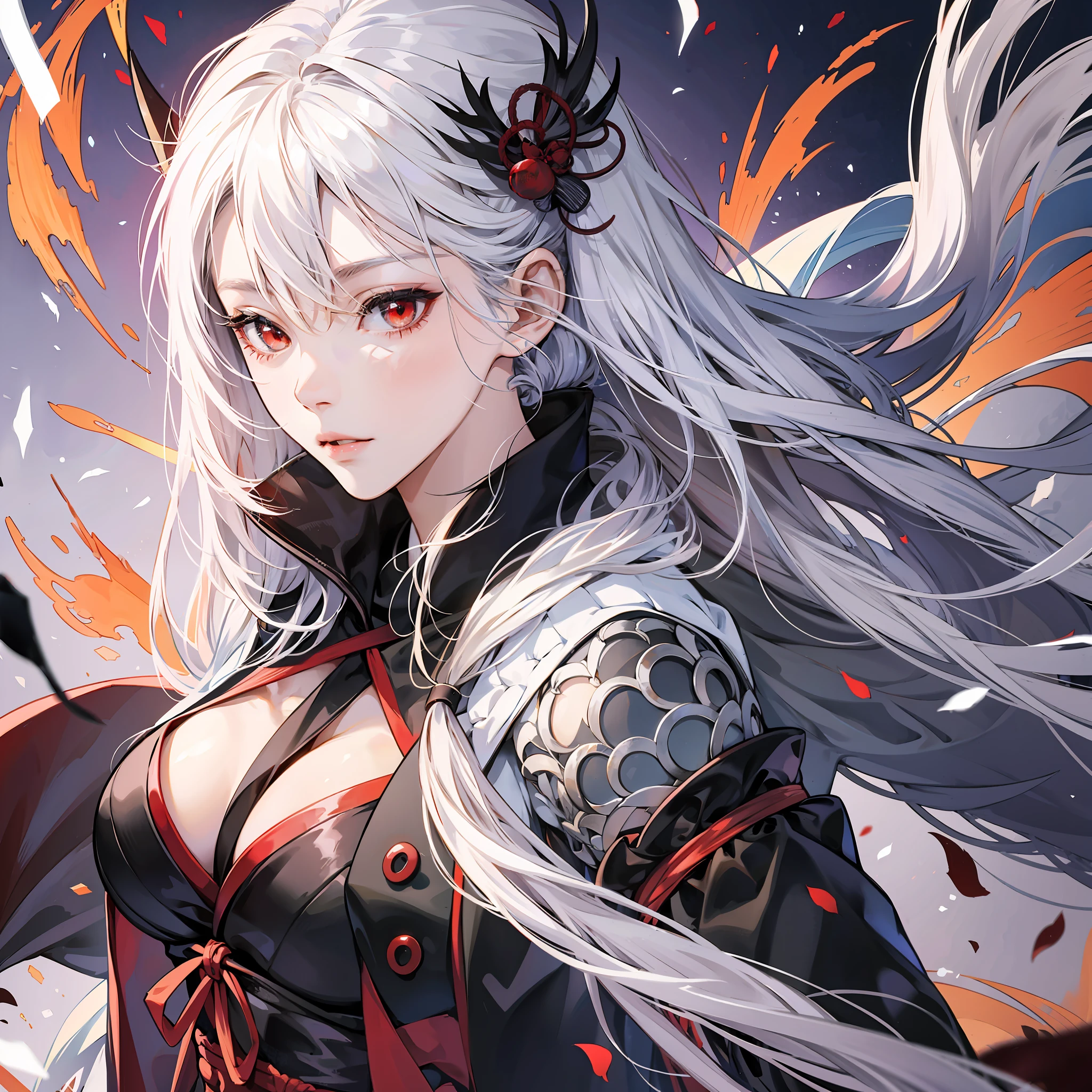 Japanese girl, manga style, white hair, shawl hair, red eyes, black dress, she holds a Japanese sword drawn, --auto --s2
