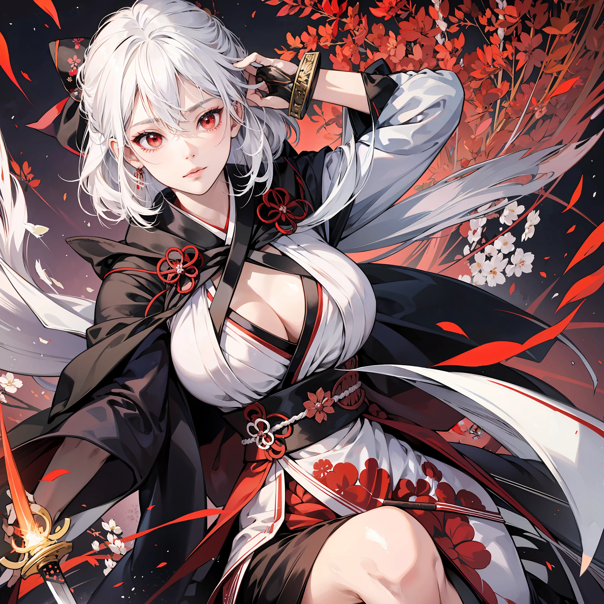 Japanese girl, manga style, white hair, shawl hair, red eyes, black dress, she holds a Japanese sword drawn, --auto --s2