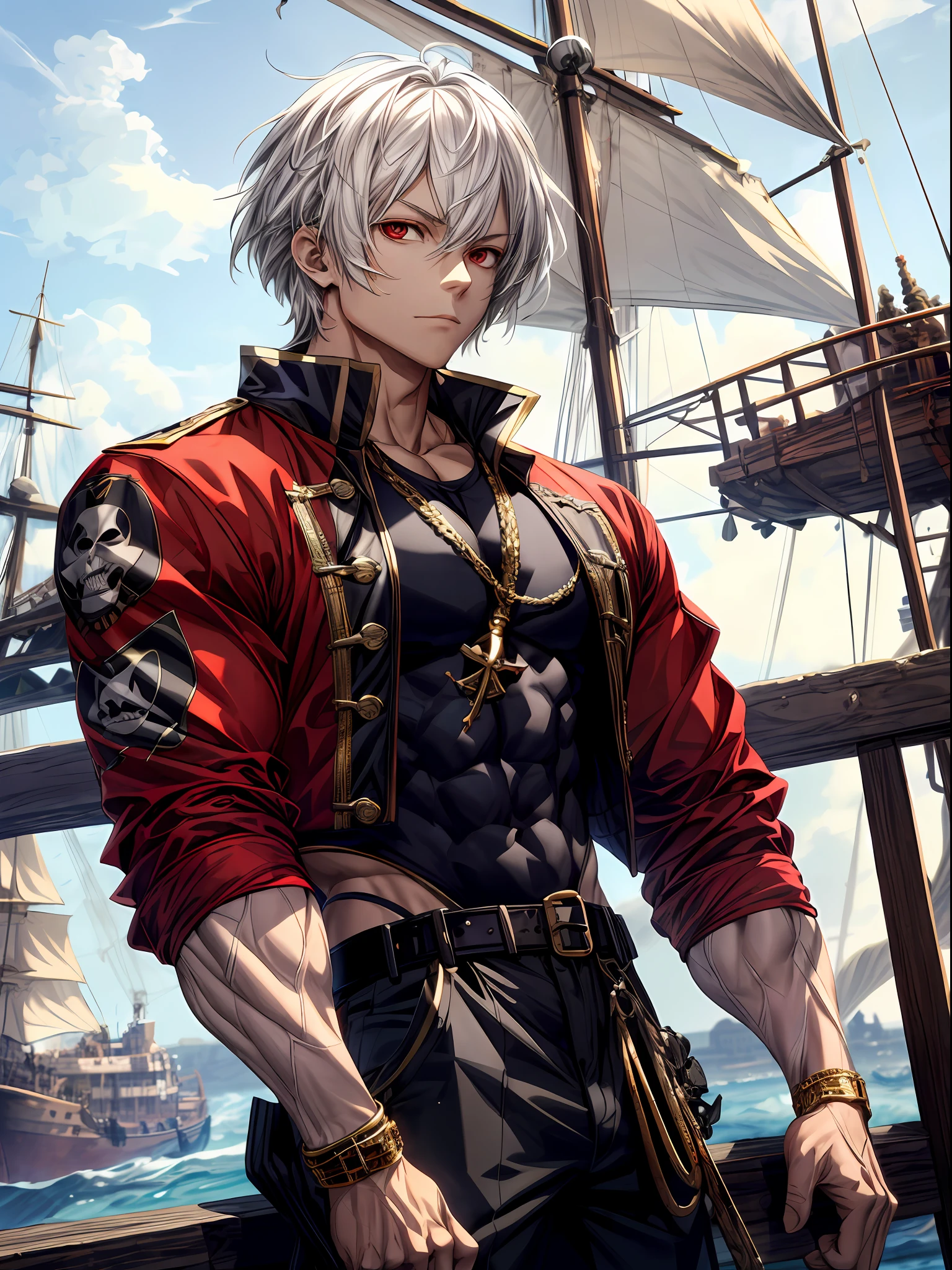 (best lighting) , (super-complex details) , 4K unified, (super-detailed CG: 1.2) , (8K: 1.2),(original), (masterpiece) , (best quality),(Masterpiece:1.4),Anime-ish high quality,(masterpiece),masterpiece, best quality, absurdres,((Masterpeace, 4k, 8k, highres))1girl 1girl with a short bob cut hair, white hair, red eyes, pirate, pirate costume, pirate ship, looking away, looking at a crow's nest, ((body builder:1.4)),temple background,(beautiful bace),(girl),(female),(upper body)